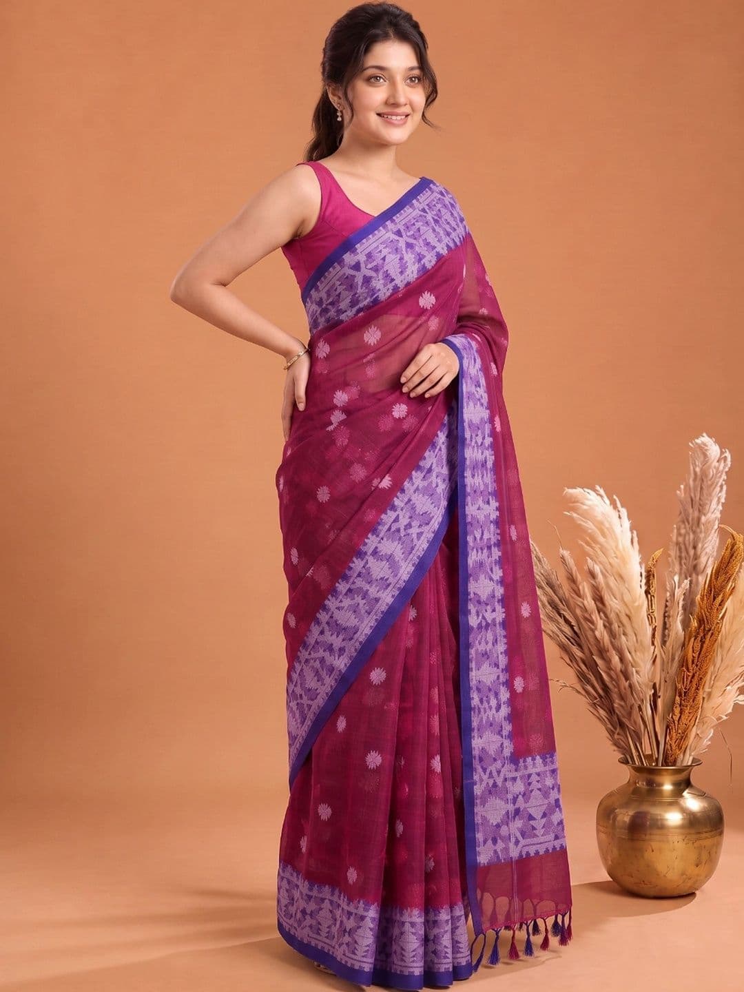 Aparna Ethnic Motifs Women Pure Cotton Jamdani Saree thumbnail 3