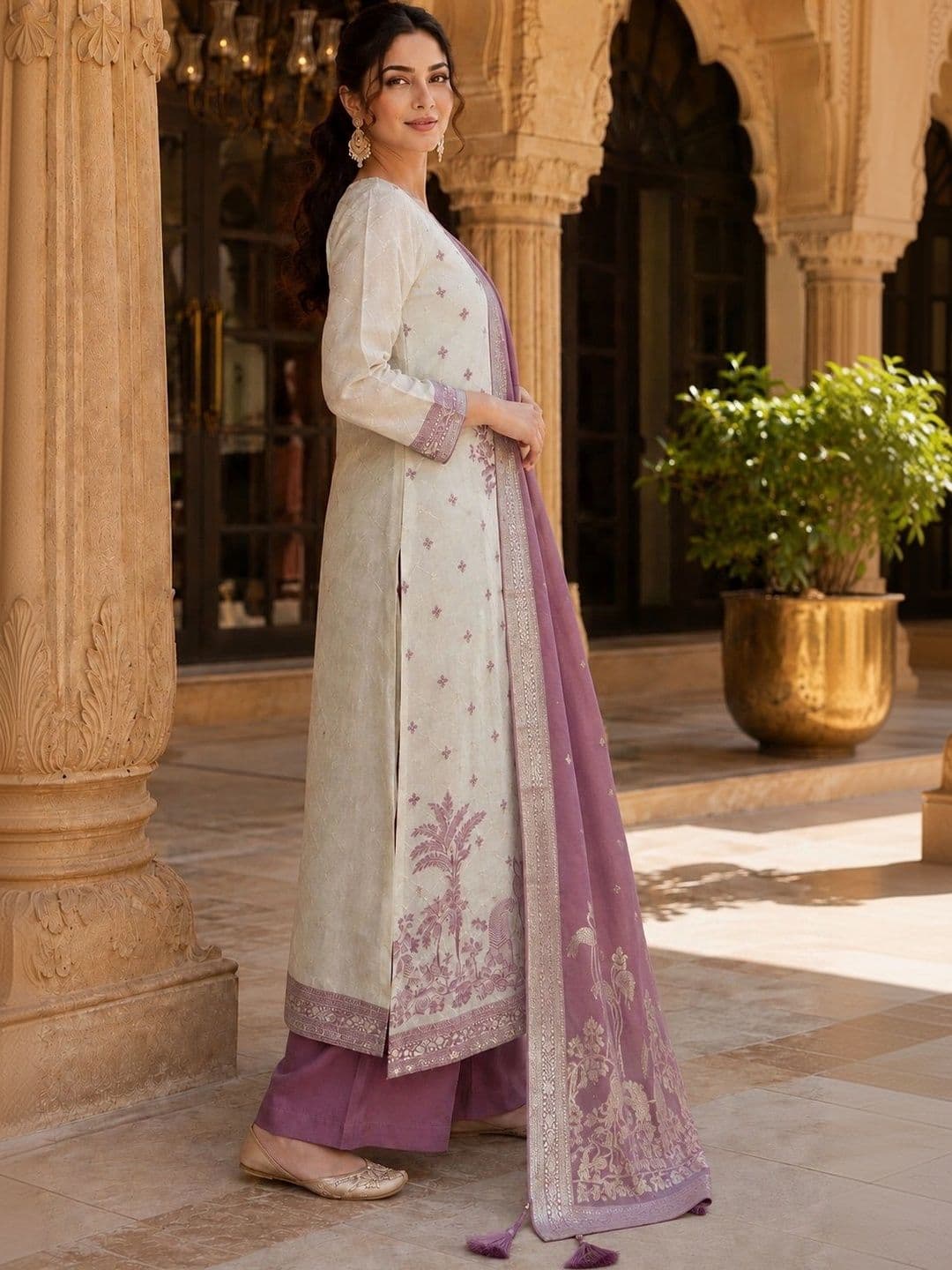 JEEREVA Women Ethnic Motifs Embroidered Regular Thread Work Pure Silk Kurta with Trousers & With Dupatta thumbnail 2