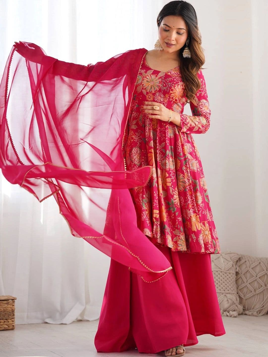 SAJAVAT ETHENIC WEAR Women Floral Printed Regular Chanderi Silk Kurta with Palazzos & With Dupatta thumbnail 6