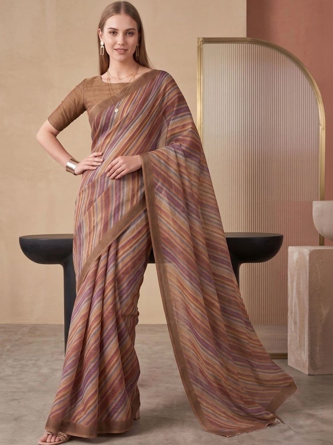 BORAD FASHION Striped Designer Chanderi Saree - view 1