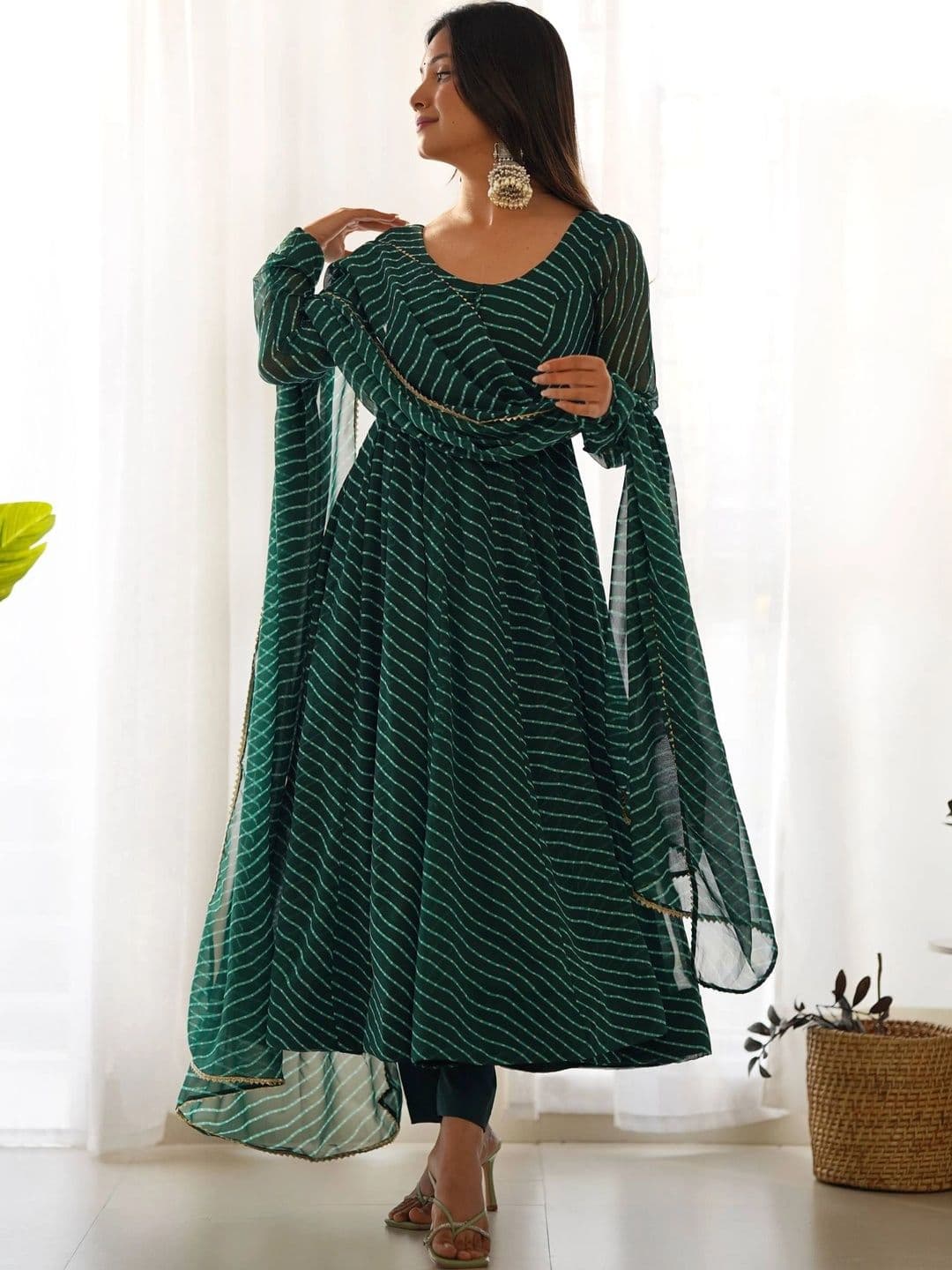 SAJAVAT ETHENIC WEAR Women Leheriya Printed Empire Kurta with Trousers & With Dupatta thumbnail 7