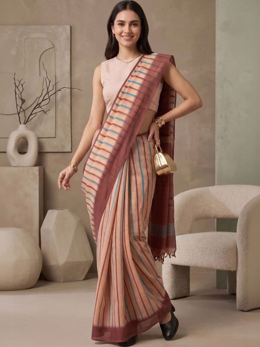 BORAD FASHION Striped Designer Chanderi Saree thumbnail 3