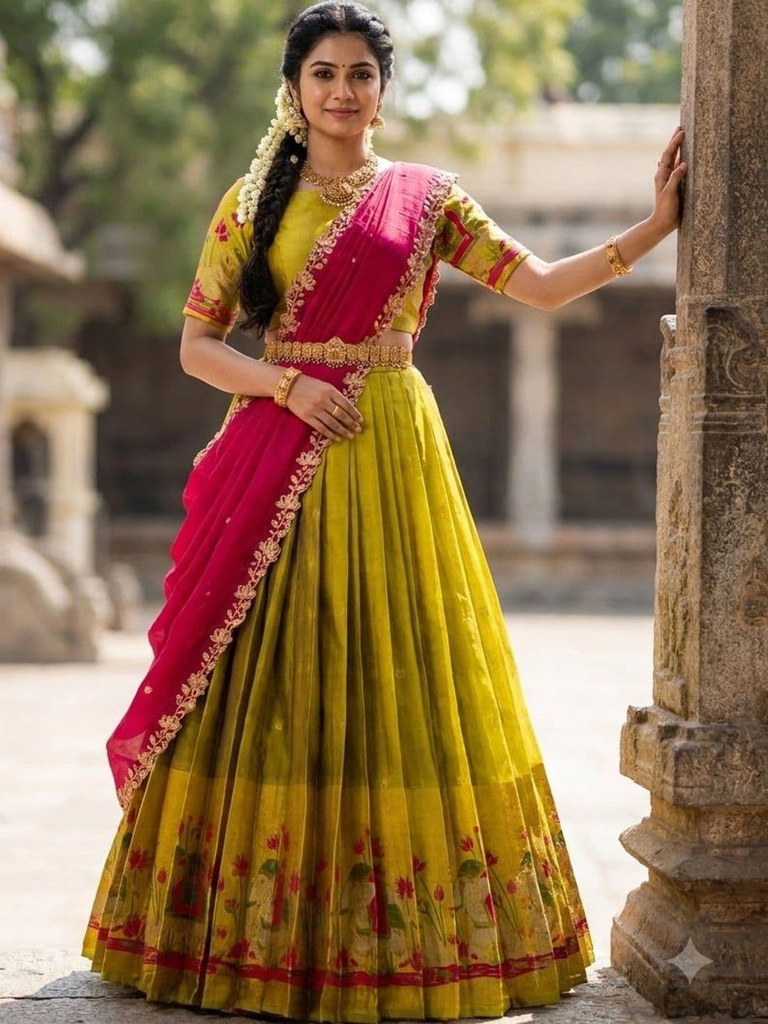 Fabcartz Embroidered Thread Work Semi-Stitched Lehenga & Unstitched Blouse With Dupatta thumbnail 4