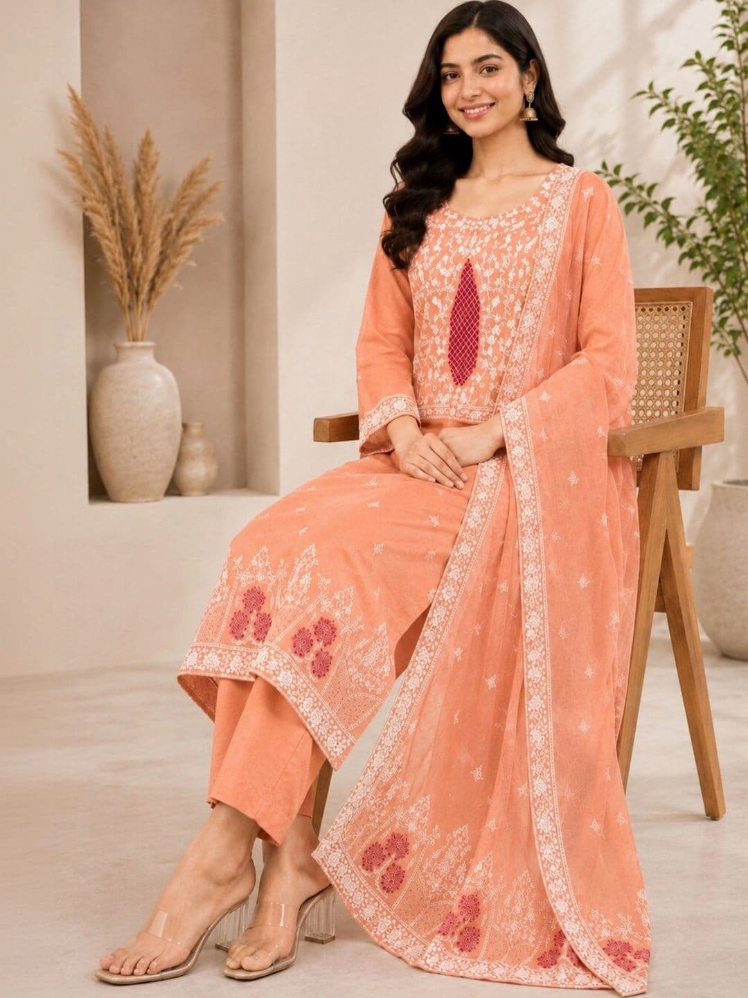 all about you Women Ethnic Motifs Embroidered Regular Thread Work Pure Cotton Kurta with Trousers & With thumbnail 3