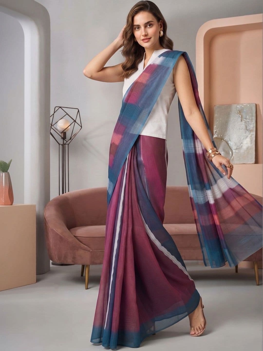 BORAD FASHION Striped Designer Chanderi Saree thumbnail 2