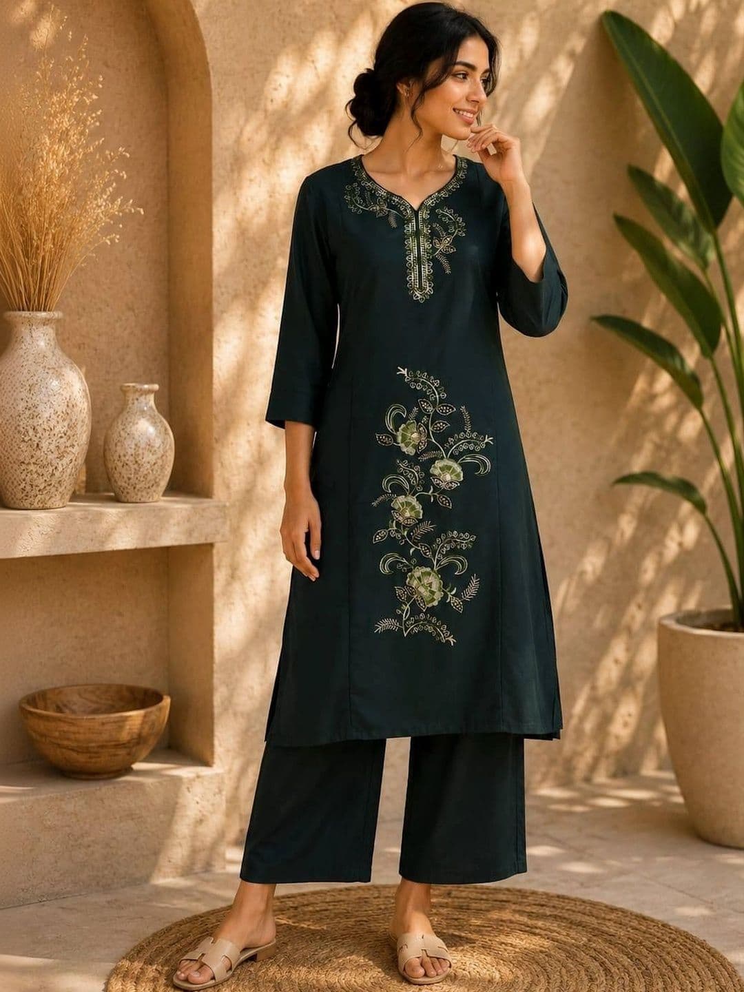 VASTRAHOUSE Women Ethnic Motifs Embroidered Regular Thread Work Kurta with Palazzos thumbnail 5