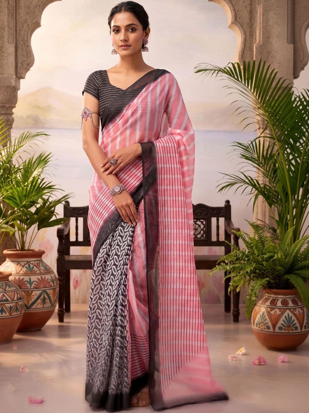 BORAD FASHION Striped Designer Chanderi Saree - view 1