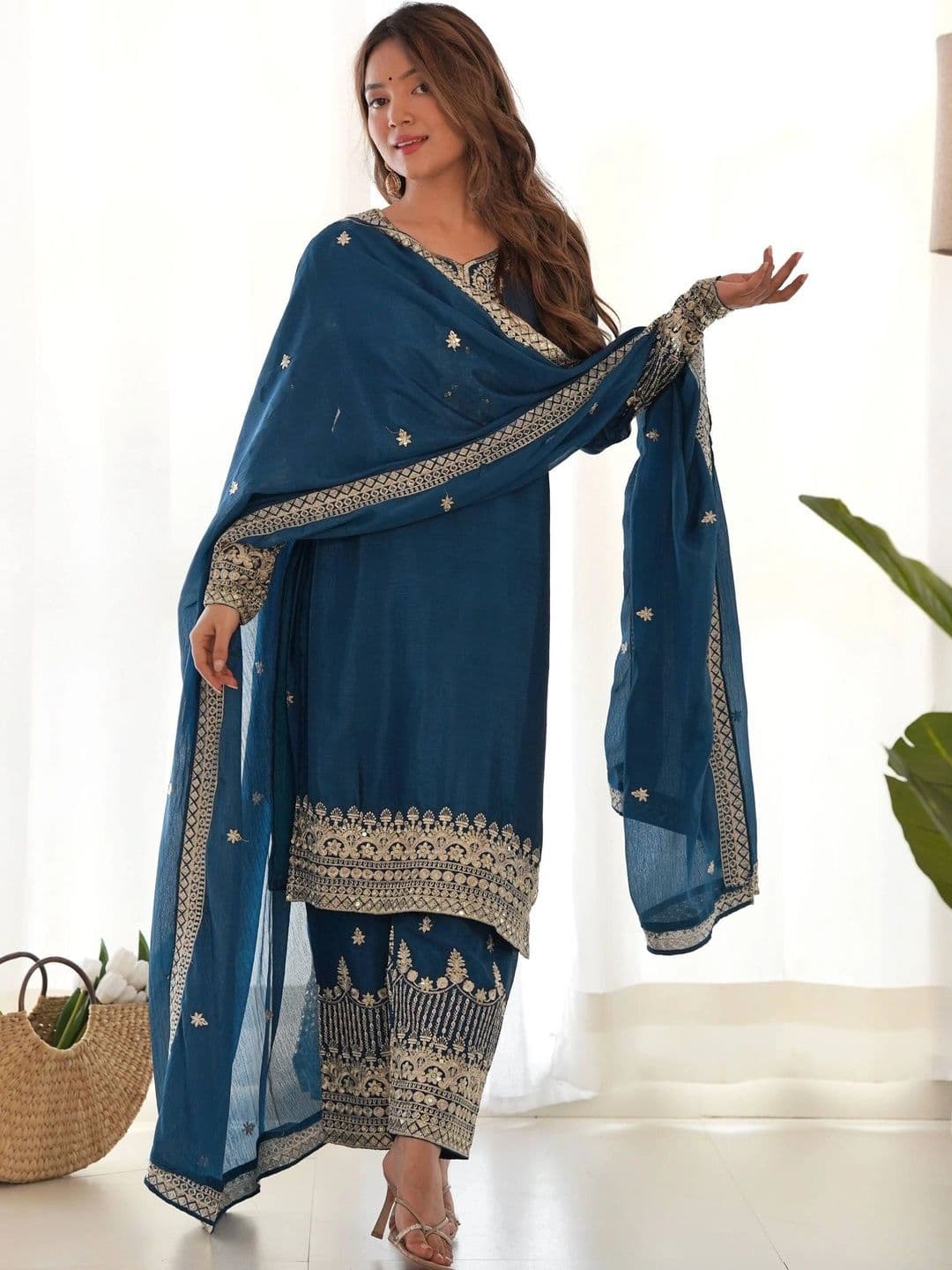 SAJAVAT ETHENIC WEAR Women Ethnic Motifs Embroidered Regular Thread Work Kurta with Palazzos & With Dupatta thumbnail 7