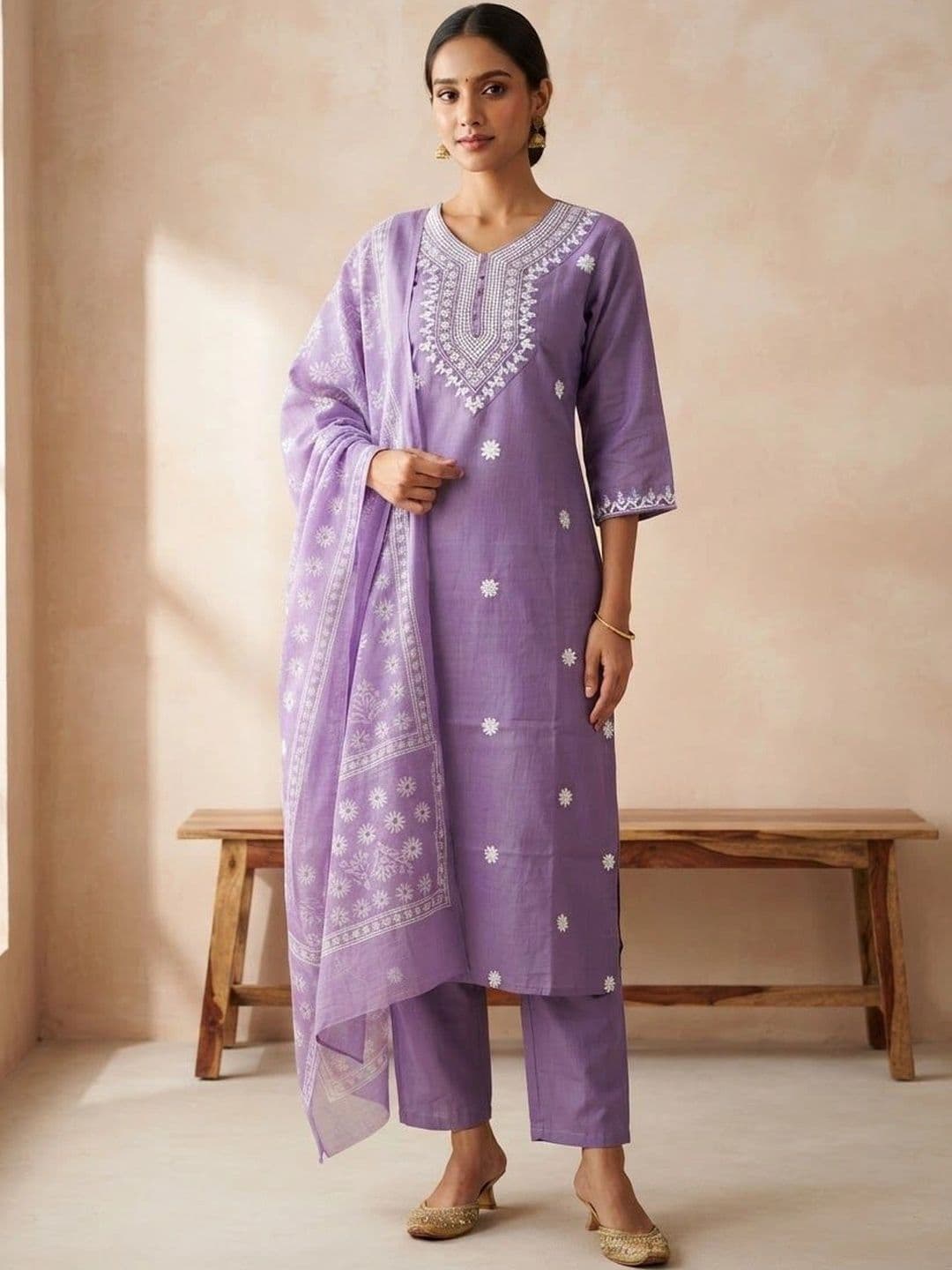 VASTRAHOUSE Women Ethnic Motifs Embroidered Regular Thread Work Chanderi Cotton Kurta with Trousers & With - view 1
