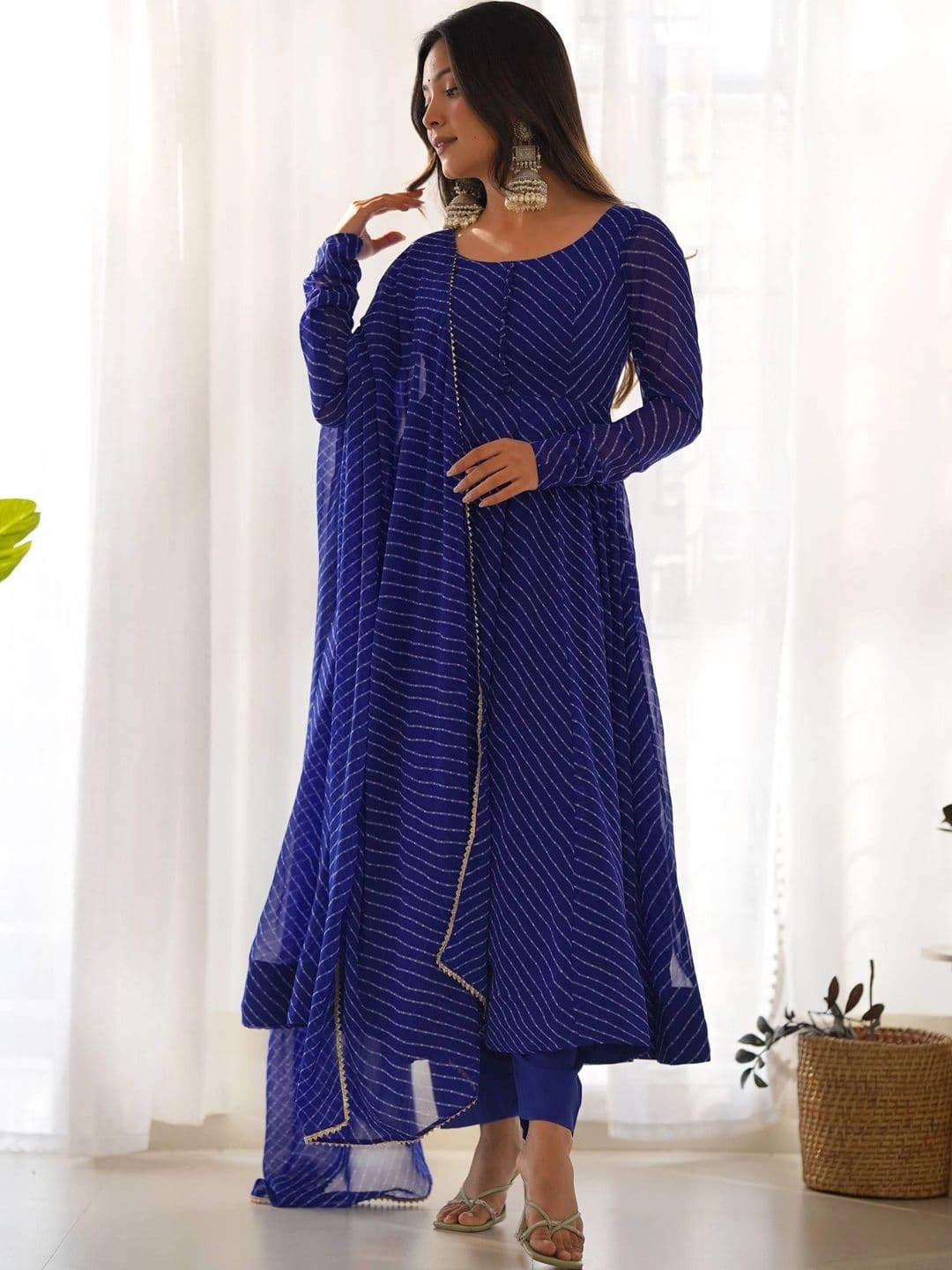 SAJAVAT ETHENIC WEAR Women Leheriya Printed Empire Kurta with Trousers & With Dupatta thumbnail 3