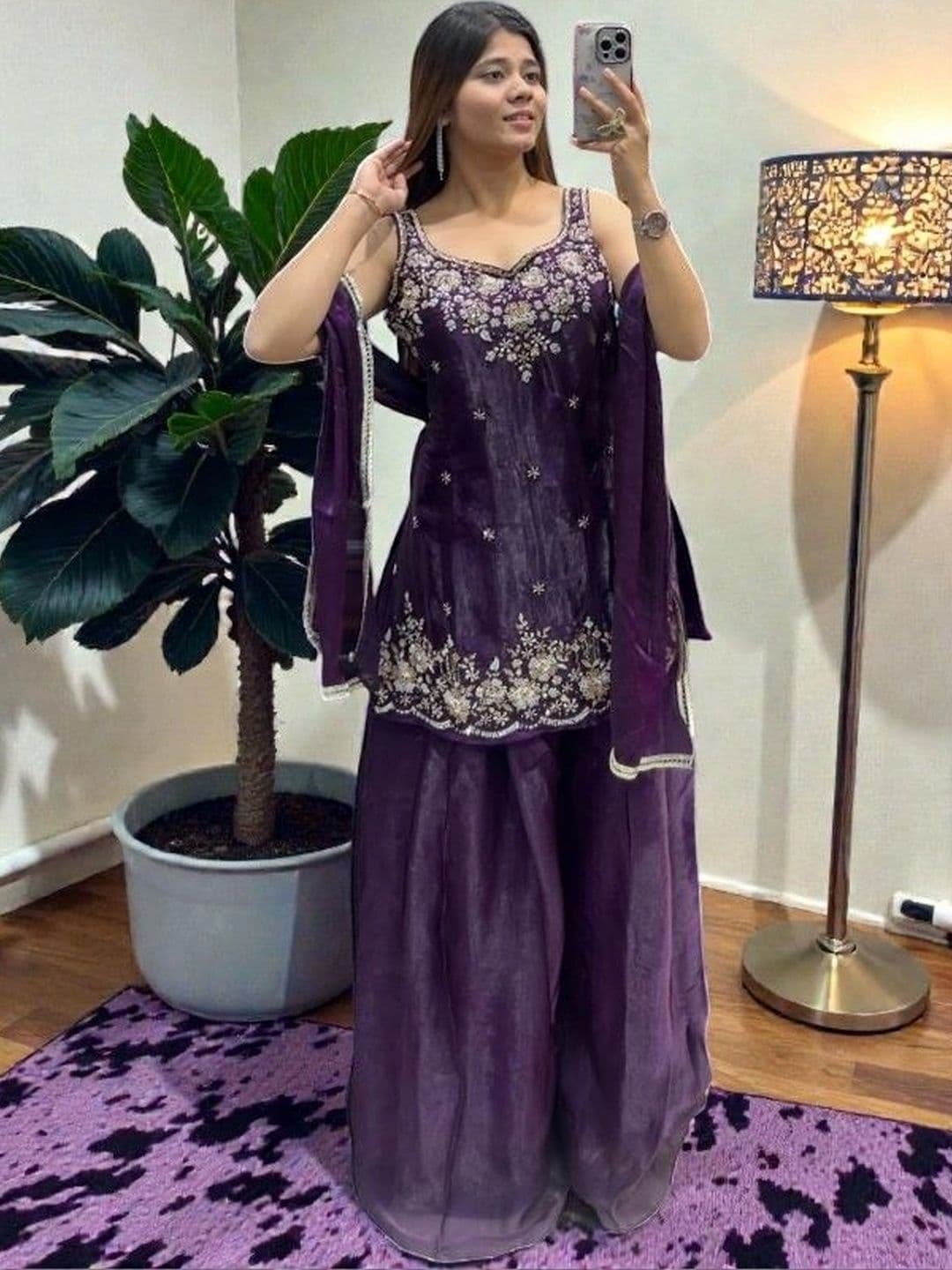 DIVINE LADY Women Ethnic Motifs Embroidered Regular Thread Work Pure Silk Kurta with Sharara & With Dupatta - view 1