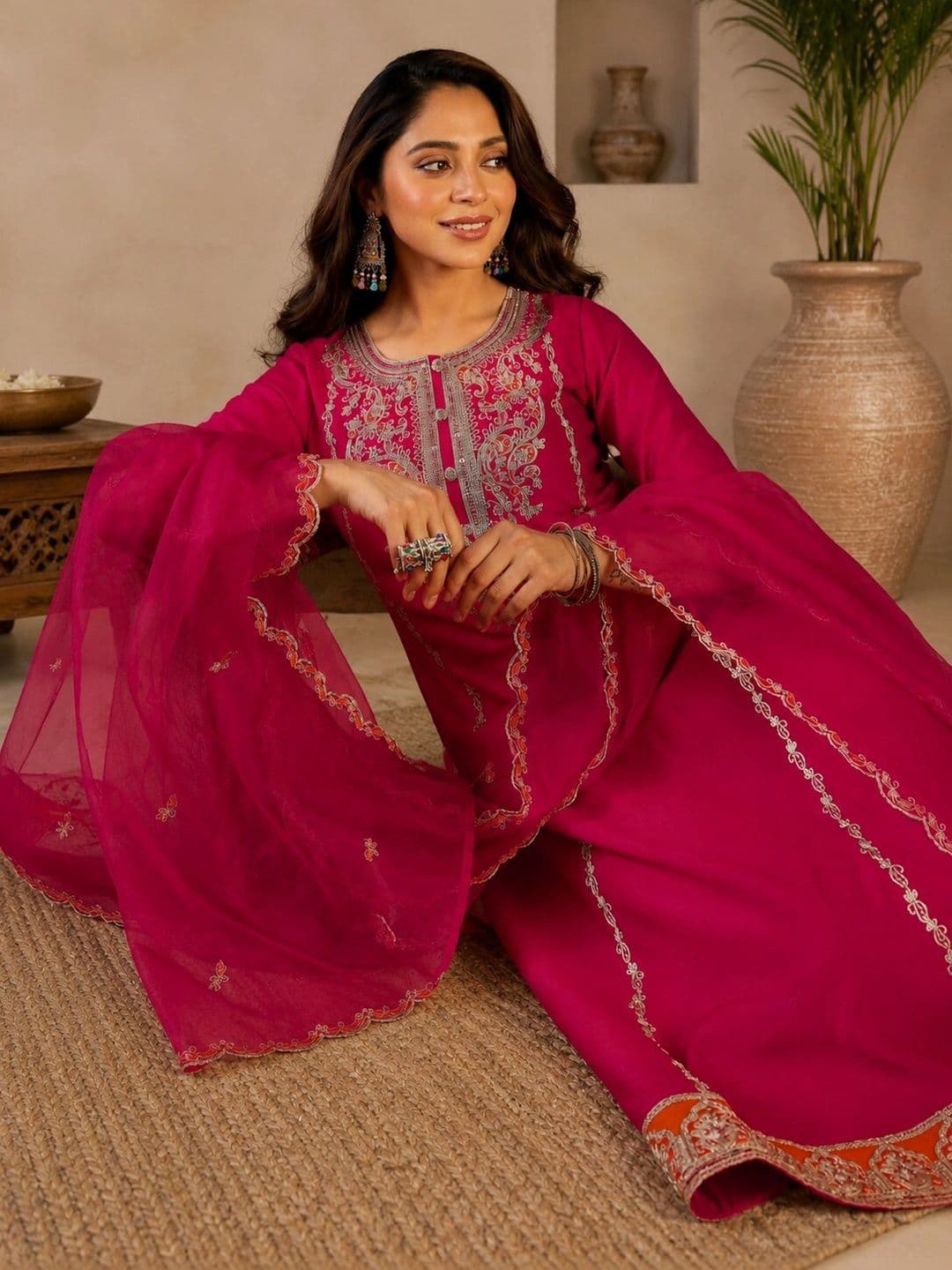 all about you Women Ethnic Motifs Embroidered Regular Thread Work Kurta with Trousers & With Dupatta thumbnail 5