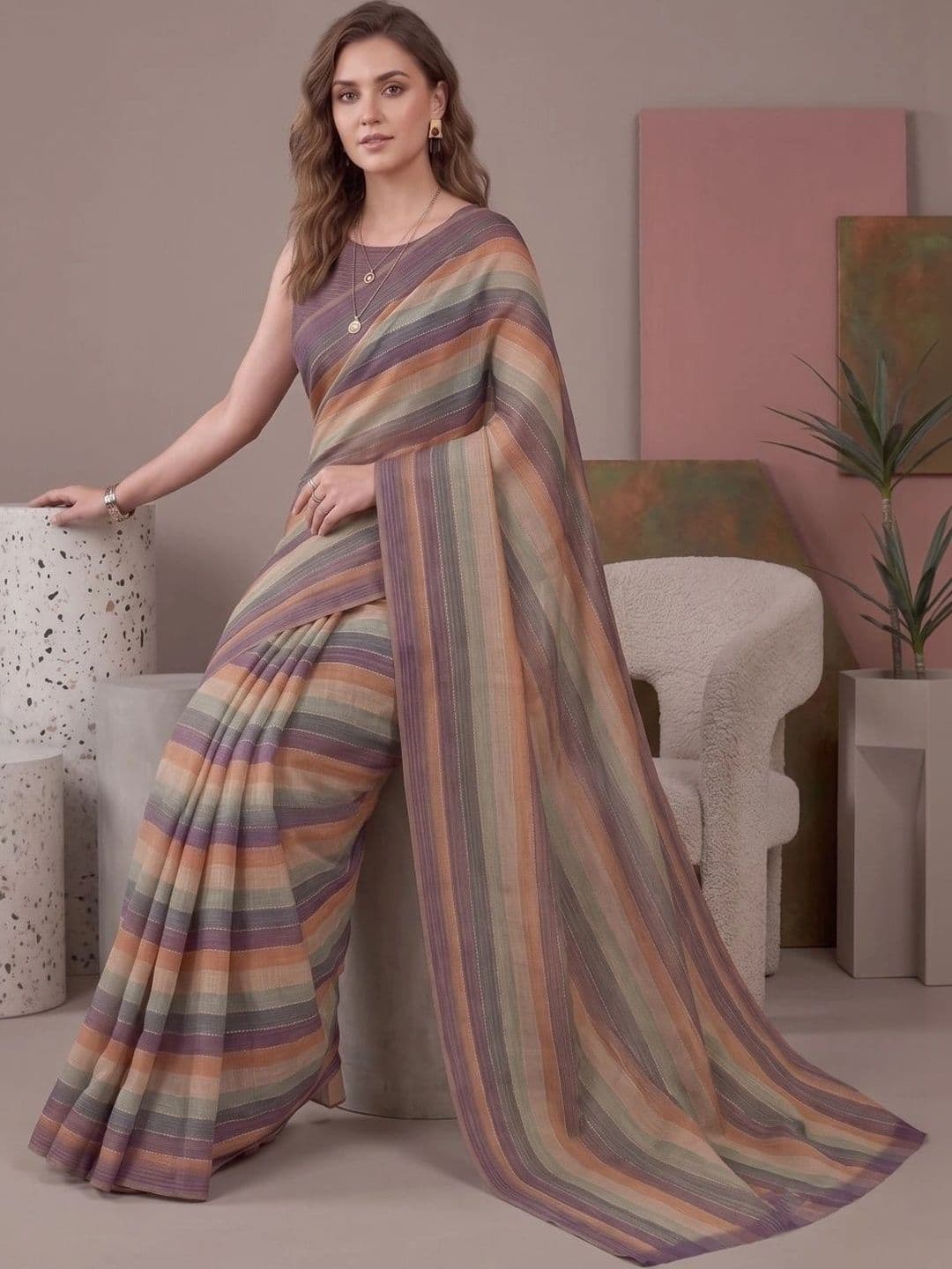 BORAD FASHION Striped Designer Chanderi Saree thumbnail 2