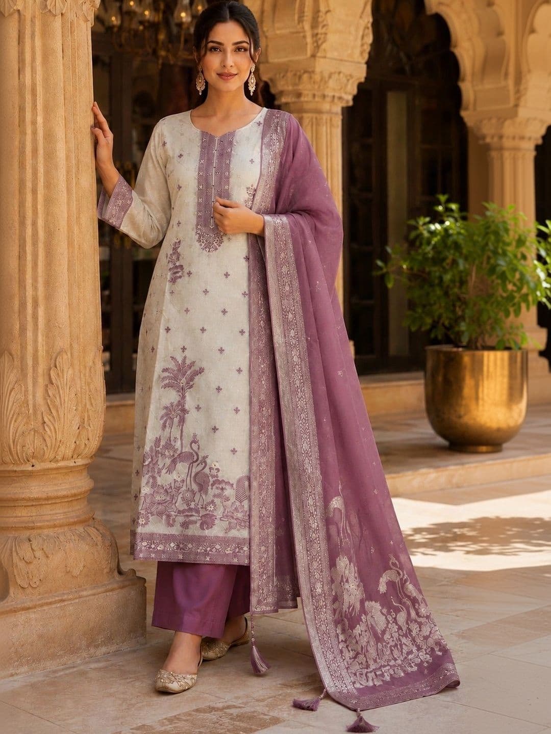 JEEREVA Women Ethnic Motifs Embroidered Regular Thread Work Pure Silk Kurta with Trousers & With Dupatta - view 1