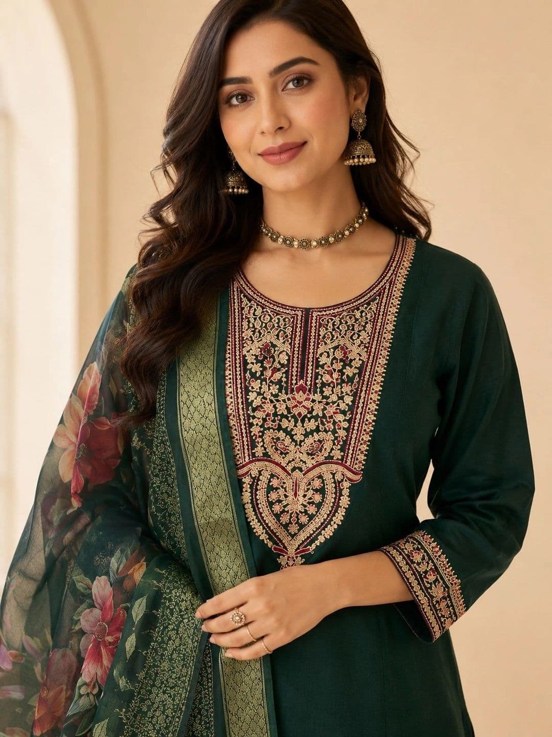 VASTRAHOUSE Women  Regular Thread Work Chanderi Cotton  Kurta & Trousers With Dupatta thumbnail 5