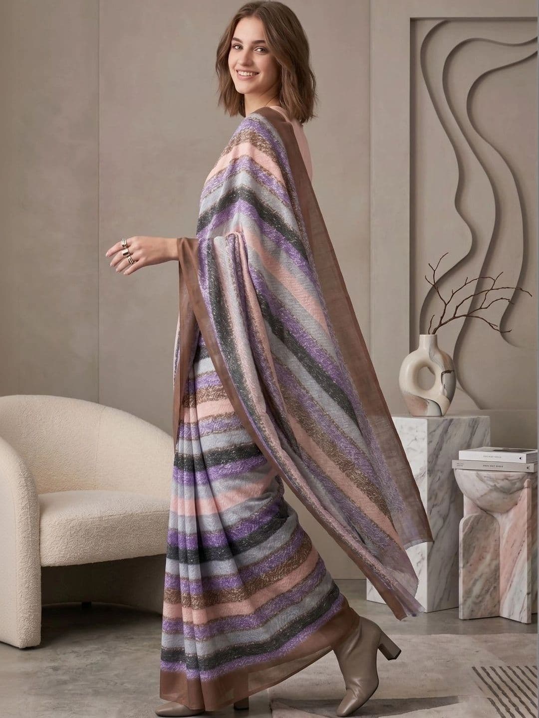 BORAD FASHION Striped Designer Chanderi Saree thumbnail 3