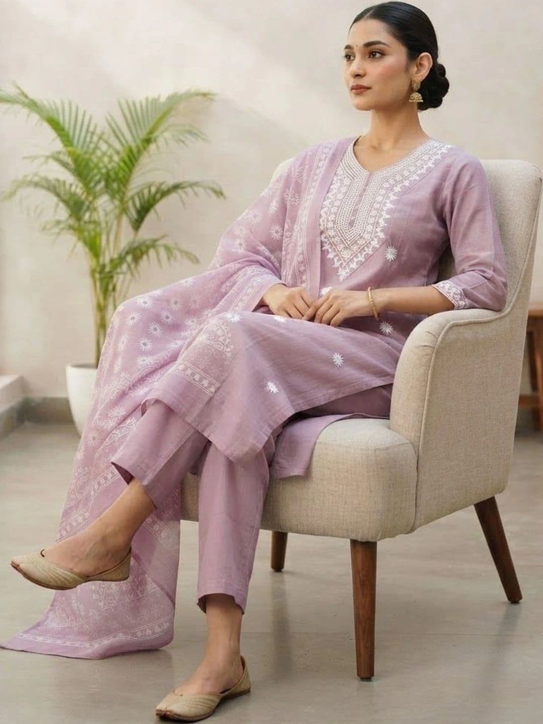 VASTRAHOUSE Women Ethnic Motifs Embroidered Regular Thread Work Chanderi Cotton Kurta with Trousers & With thumbnail 3