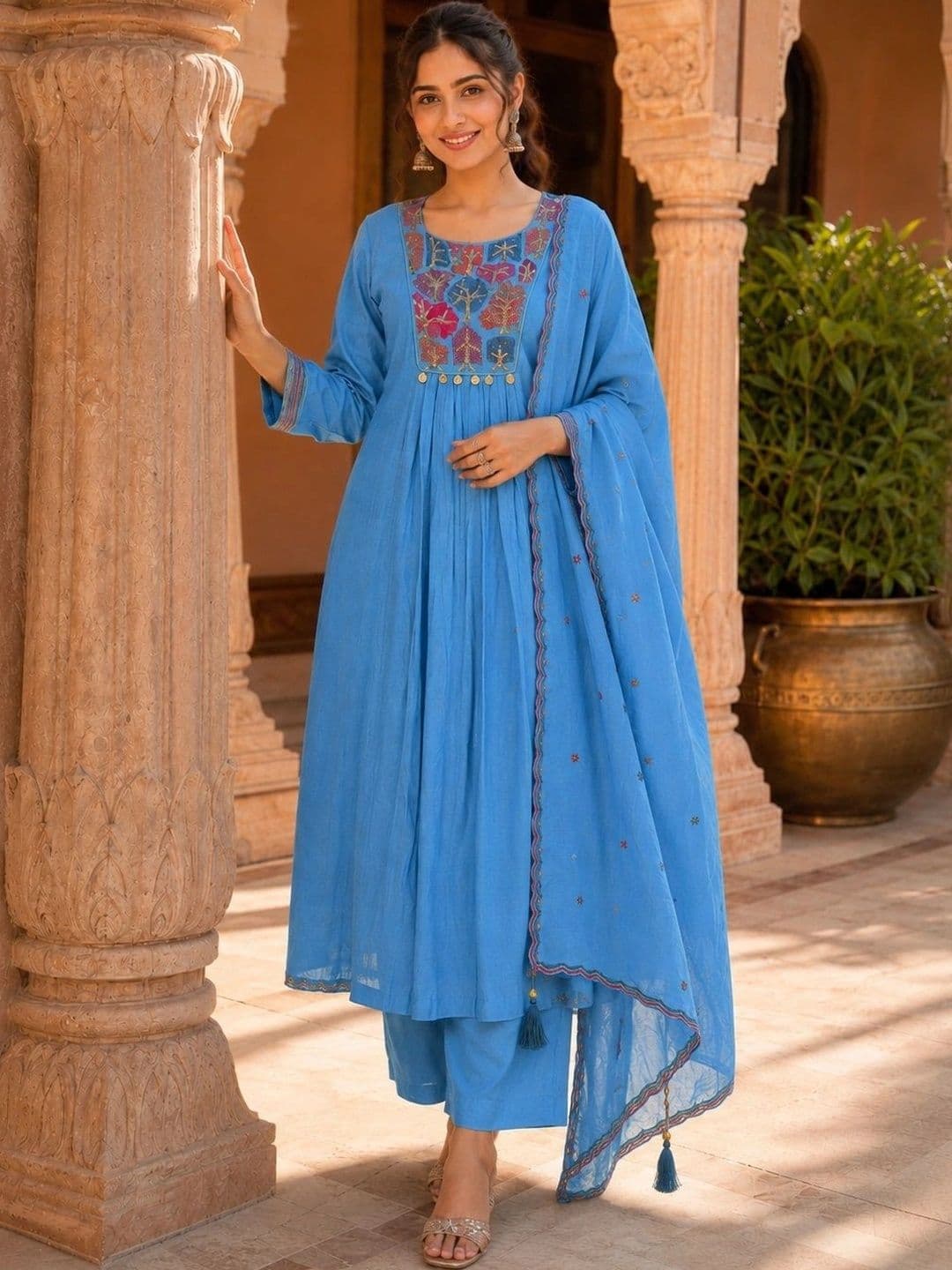 JEEREVA Women Ethnic Motifs Embroidered Regular Thread Work Kurta with Palazzos & With Dupatta - view 1