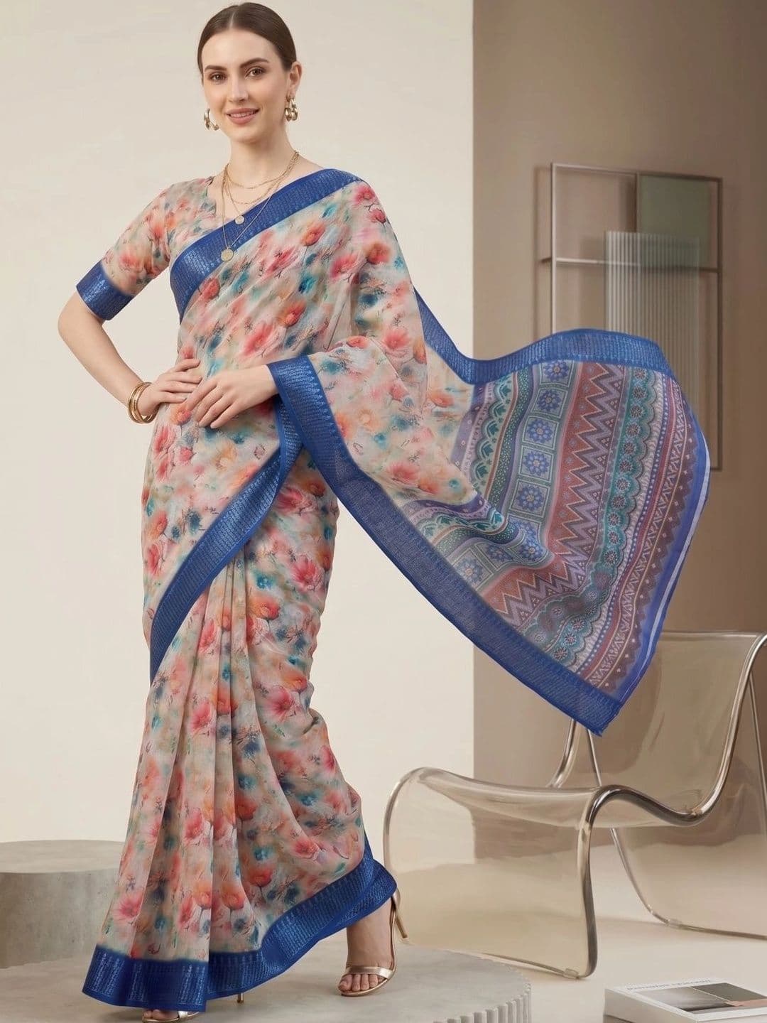 BORAD FASHION Women Floral Designer Chanderi Saree - view 1