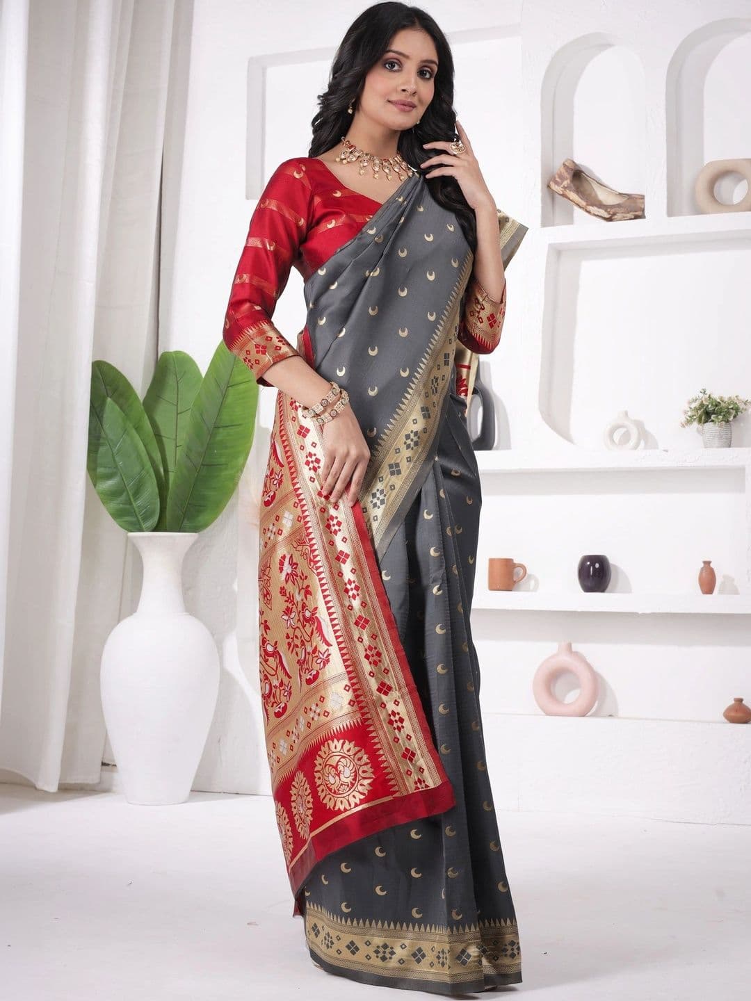 revika Woven Design Zari Art Silk Designer Kanjeevaram Saree thumbnail 3