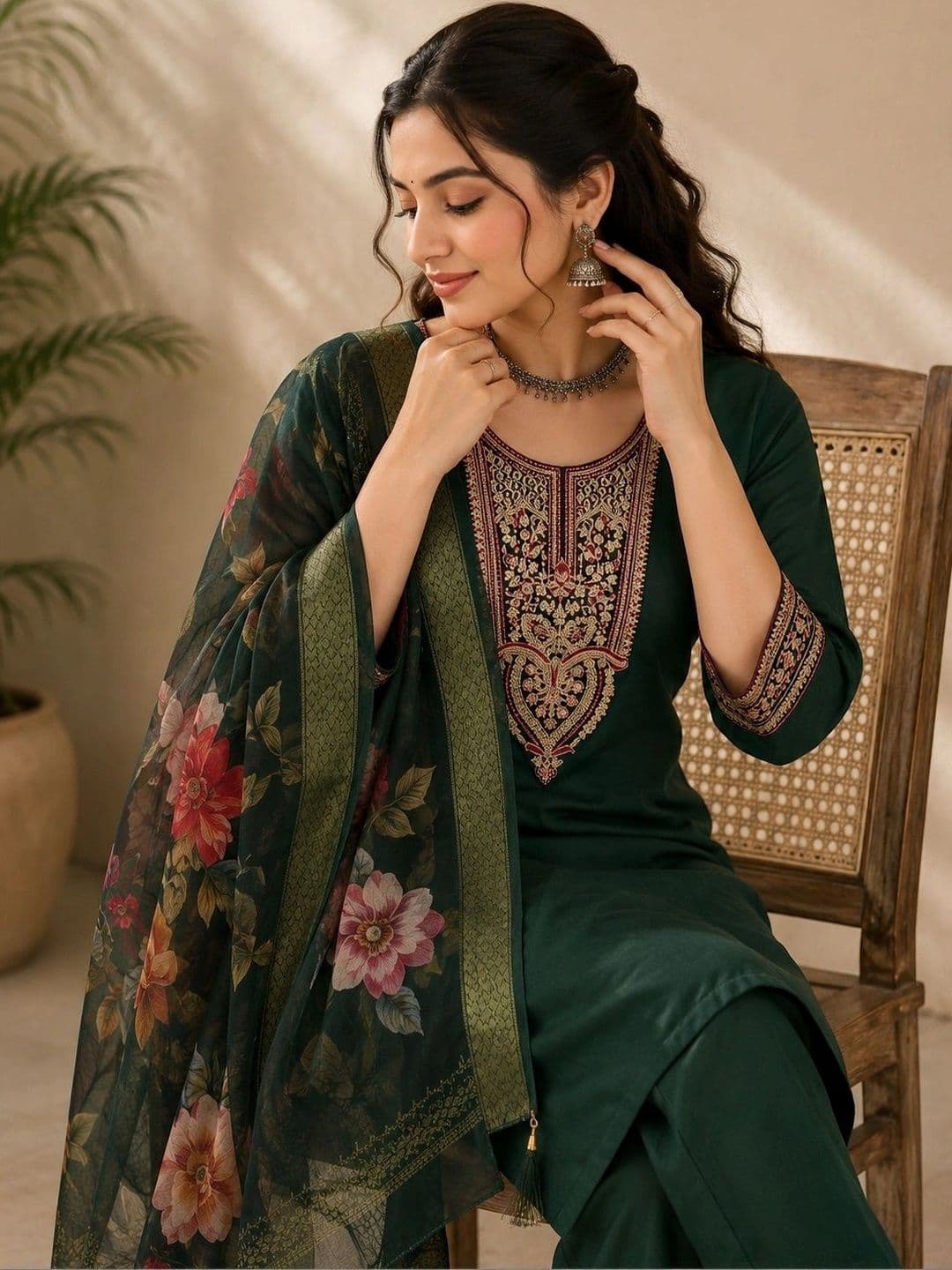 VASTRAHOUSE Women  Regular Thread Work Chanderi Cotton  Kurta & Trousers With Dupatta thumbnail 2
