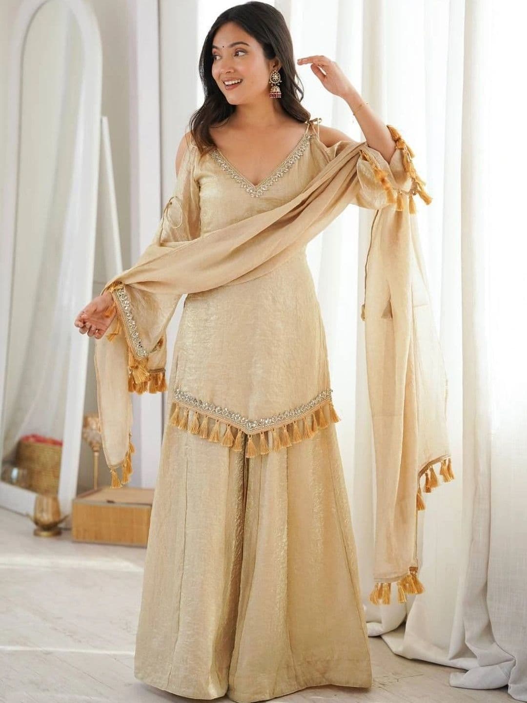 SAJAVAT ETHENIC WEAR Women Regular Gotta Patti Pure Silk Kurta with Sharara & With Dupatta thumbnail 2