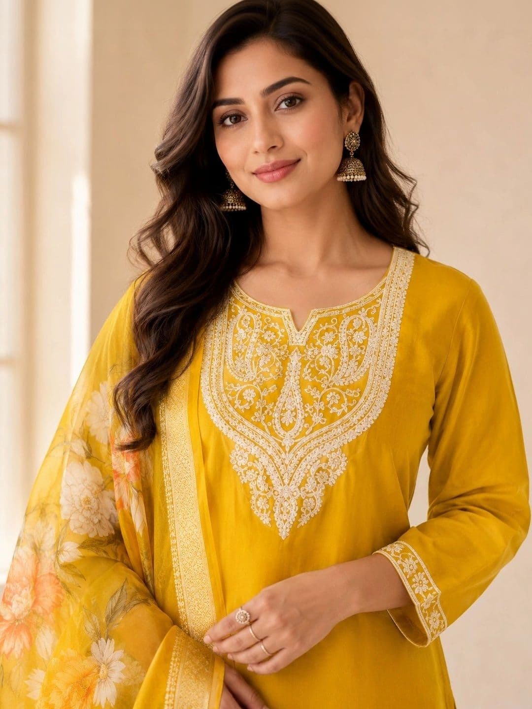 VASTRAHOUSE Women Ethnic Motifs Embroidered Regular Thread Work Chanderi Cotton Kurta with Trousers & With thumbnail 5