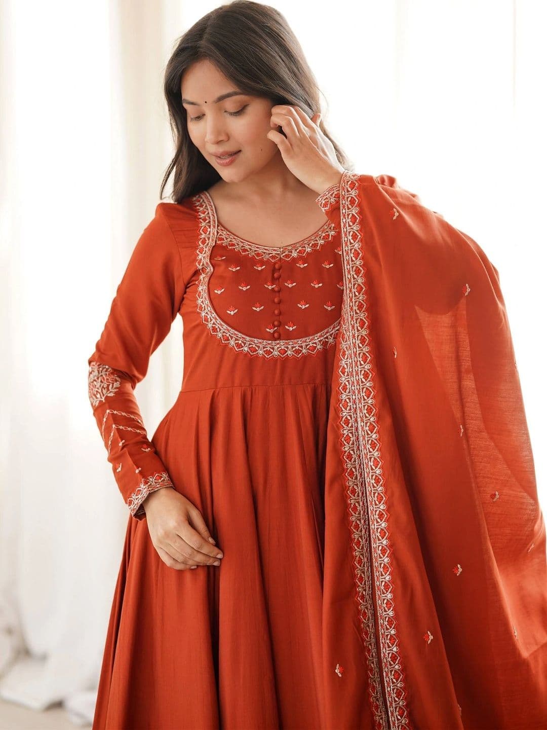 SAJAVAT ETHENIC WEAR Women Ethnic Motifs Embroidered Regular Thread Work Kurta with Trousers & With Dupatta thumbnail 4