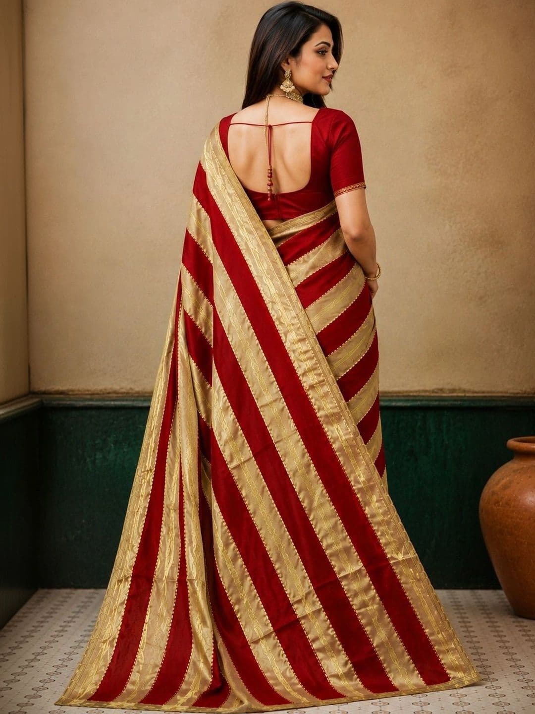 SARKAR TEXTILES Striped Zari Poly Georgette Leheriya Saree thumbnail 2
