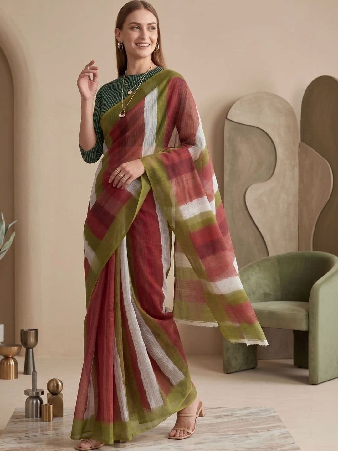 BORAD FASHION Striped Designer Chanderi Saree - view 1
