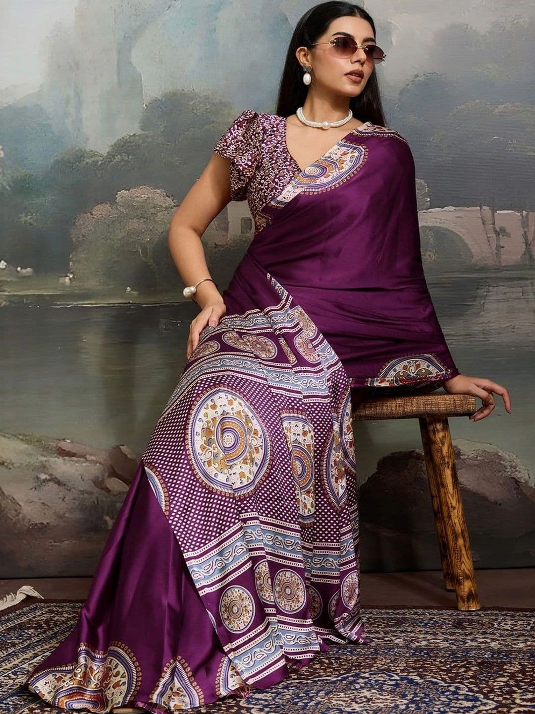 KALINI Floral Mirror Work Silk Blend Heavy Work Mysore Silk Saree thumbnail 5