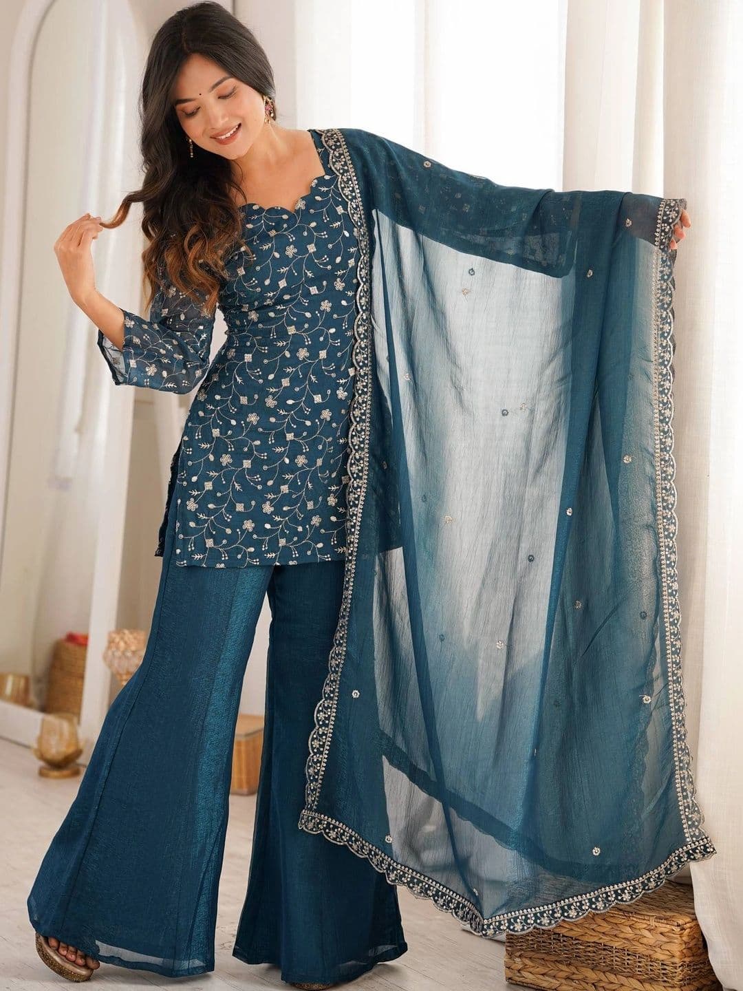 SAJAVAT ETHENIC WEAR Women Ethnic Motifs Embroidered Regular Thread Work Kurta with Palazzos & With Dupatta thumbnail 6