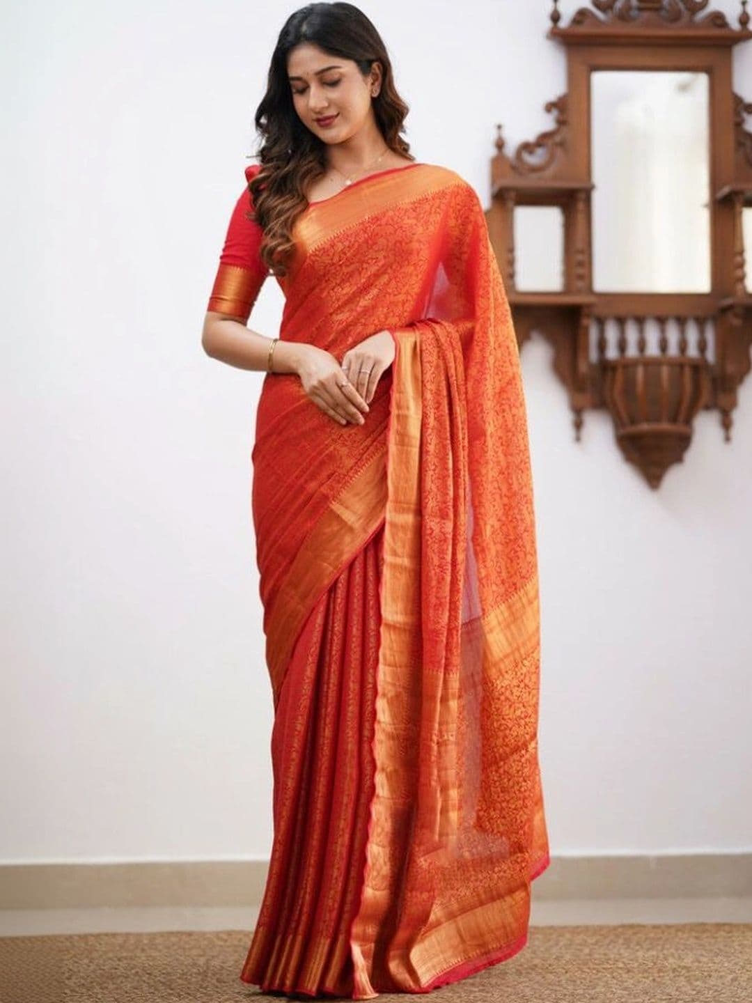 HERE&NOW Women Woven Design Zari Silk Blend Banarasi Saree thumbnail 6