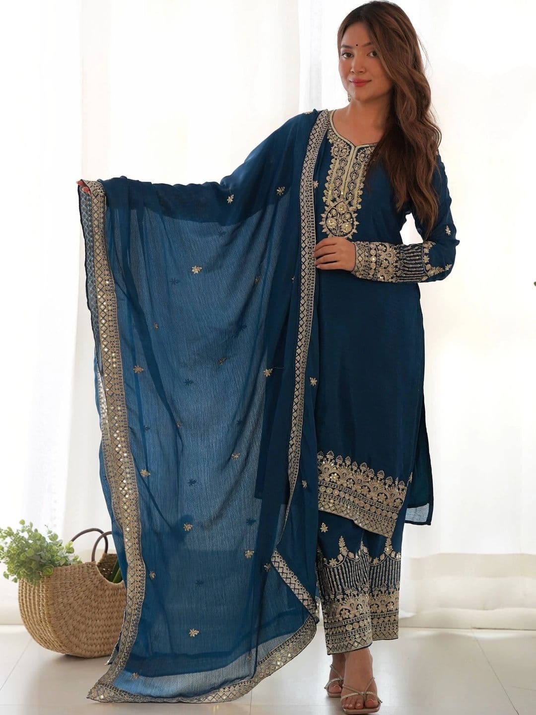 SAJAVAT ETHENIC WEAR Women Ethnic Motifs Embroidered Regular Thread Work Kurta with Palazzos & With Dupatta thumbnail 6