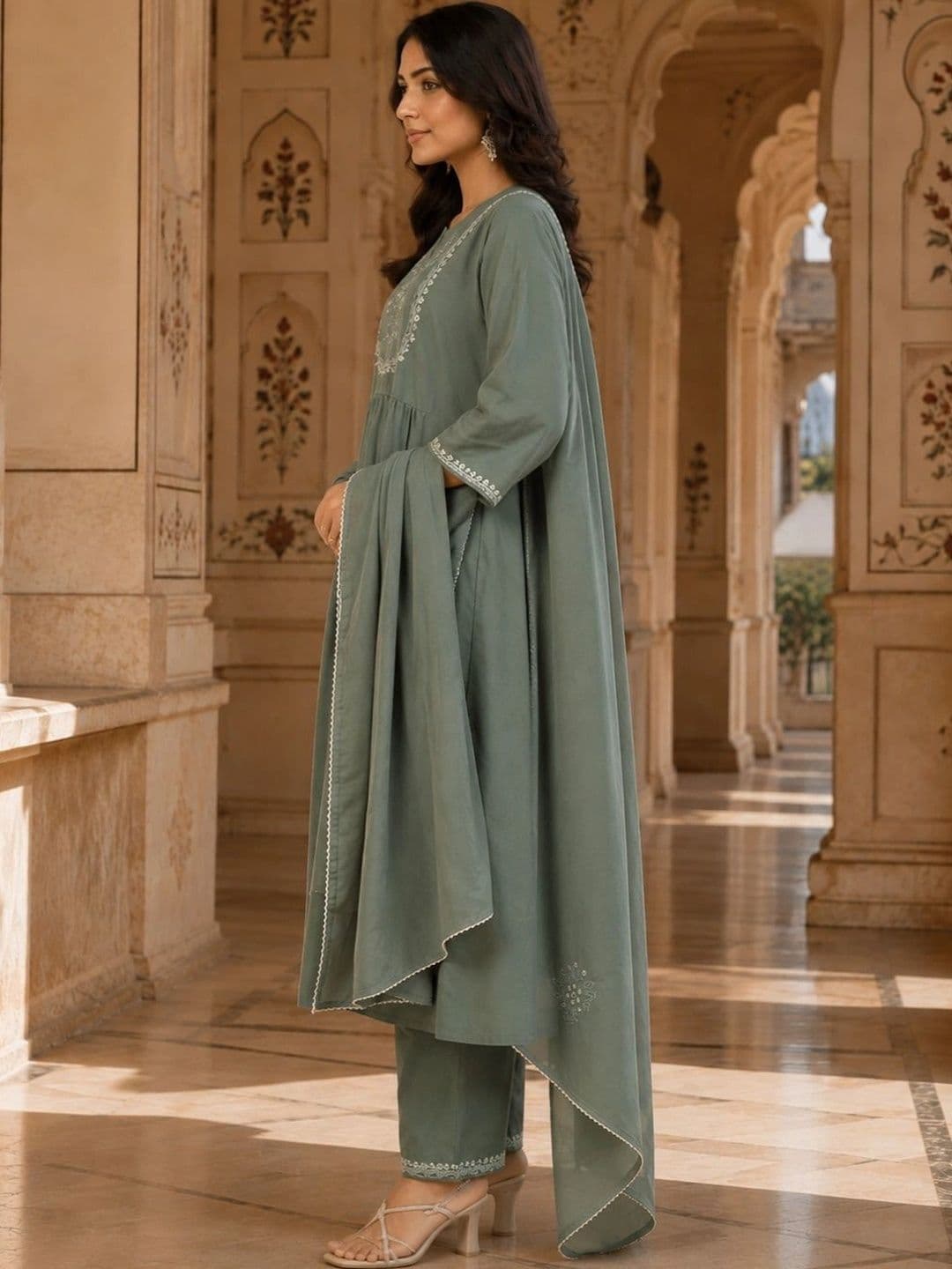 HERE&NOW Women Ethnic Motifs Embroidered Empire Thread Work Pure Cotton Kurta with Trousers & With Dupatta thumbnail 4