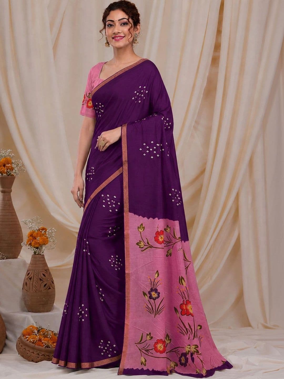 RegalDrapes Floral Embroidered Bandhani Saree thumbnail 4