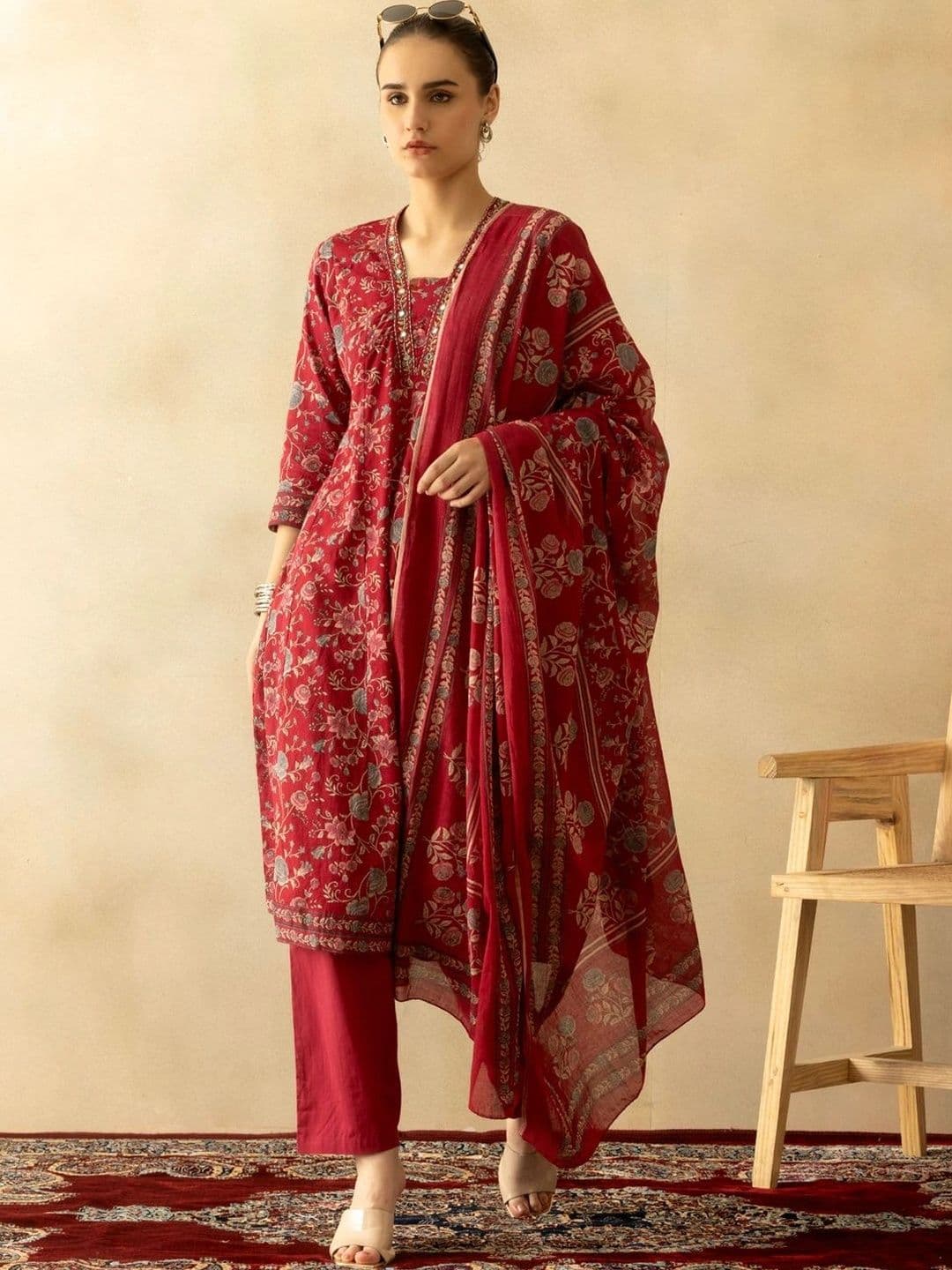 Sabhyata Women Floral Printed Empire Mirror Work Kurta with Trousers & With Dupatta - view 1