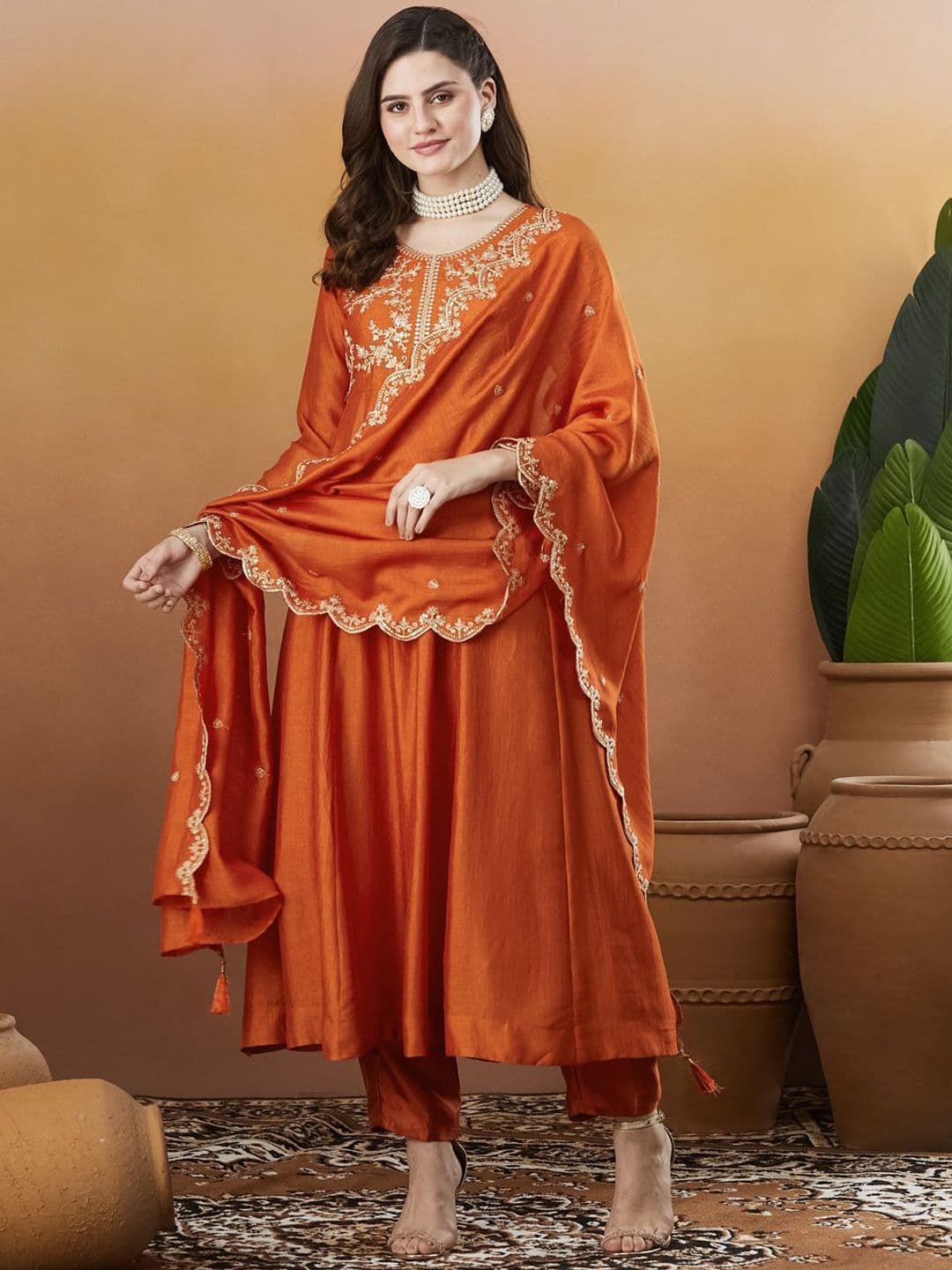 Colors of Earth Colors of Earth Silk Embroidered Anarkali Kurta And Pant With Dupatta - view 1