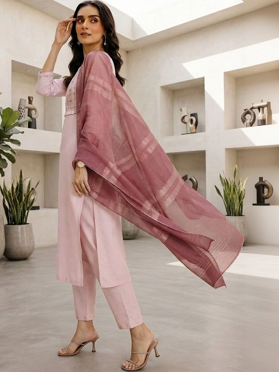 DIVASTRI Women Ethnic Motifs Embroidered Regular Thread Work Chanderi Cotton Kurta with Trousers & With thumbnail 3