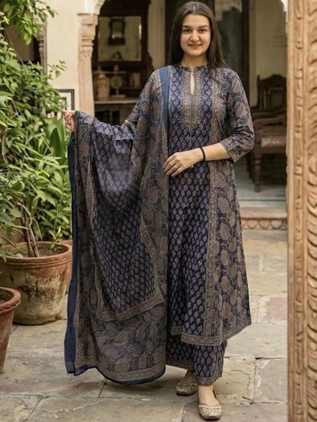 MILAAV Women Ethnic Motifs Printed Regular Mirror Work Pure Cotton Kurta with Palazzos & With Dupatta - view 1