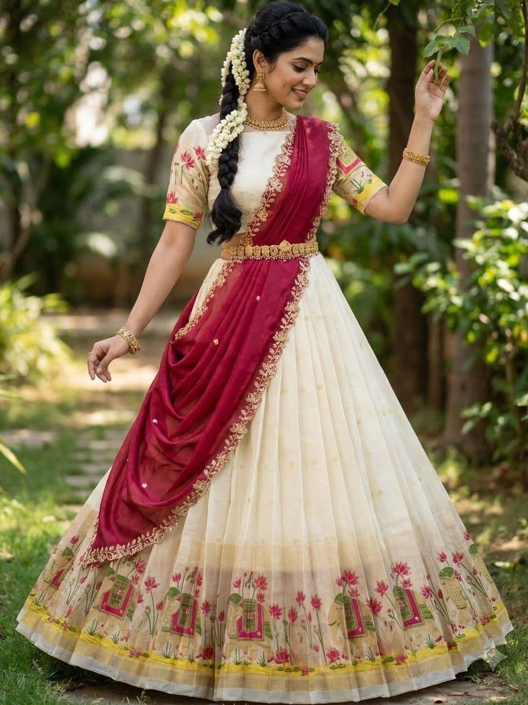 Pink Bindi Printed Thread Work Kalamkari Semi-Stitched Lehenga & Unstitched Blouse With Dupatta thumbnail 2