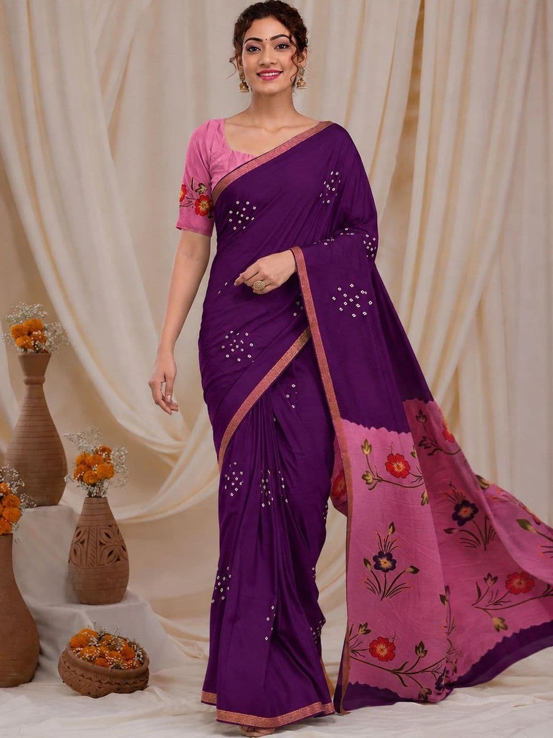 RegalDrapes Floral Embroidered Bandhani Saree thumbnail 3