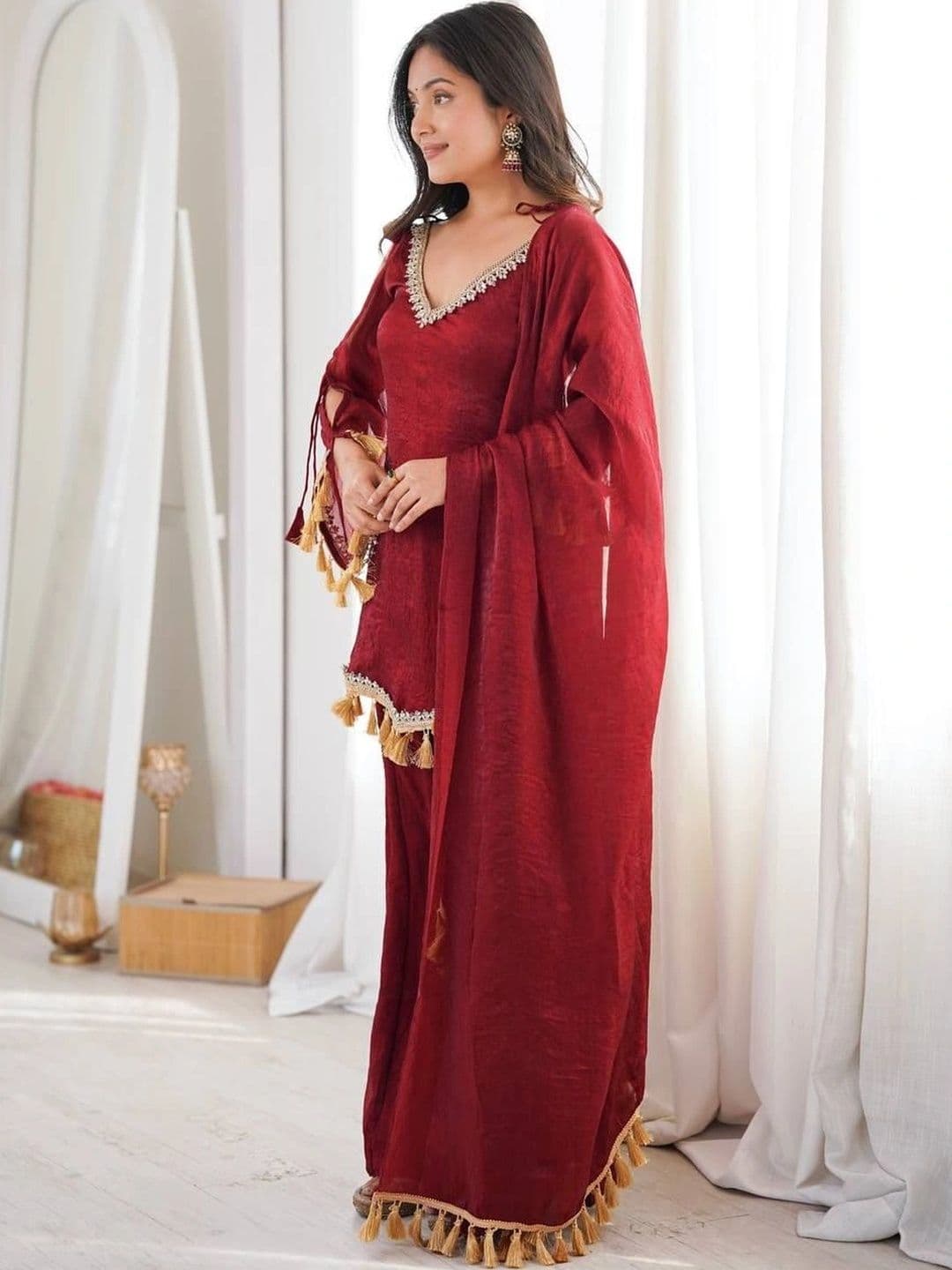 VASTRABELLA Women Regular Gotta Patti Pure Silk Kurta with Sharara & With Dupatta thumbnail 4
