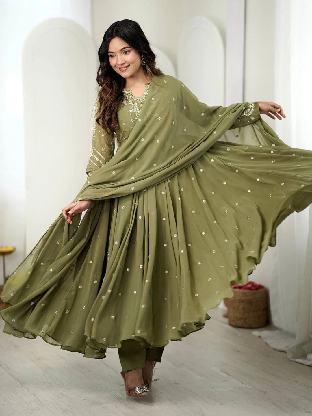 VASTRABELLA Women Ethnic Motifs Embroidered Empire Sequinned Silk Georgette Kurta with Trousers & With thumbnail 6