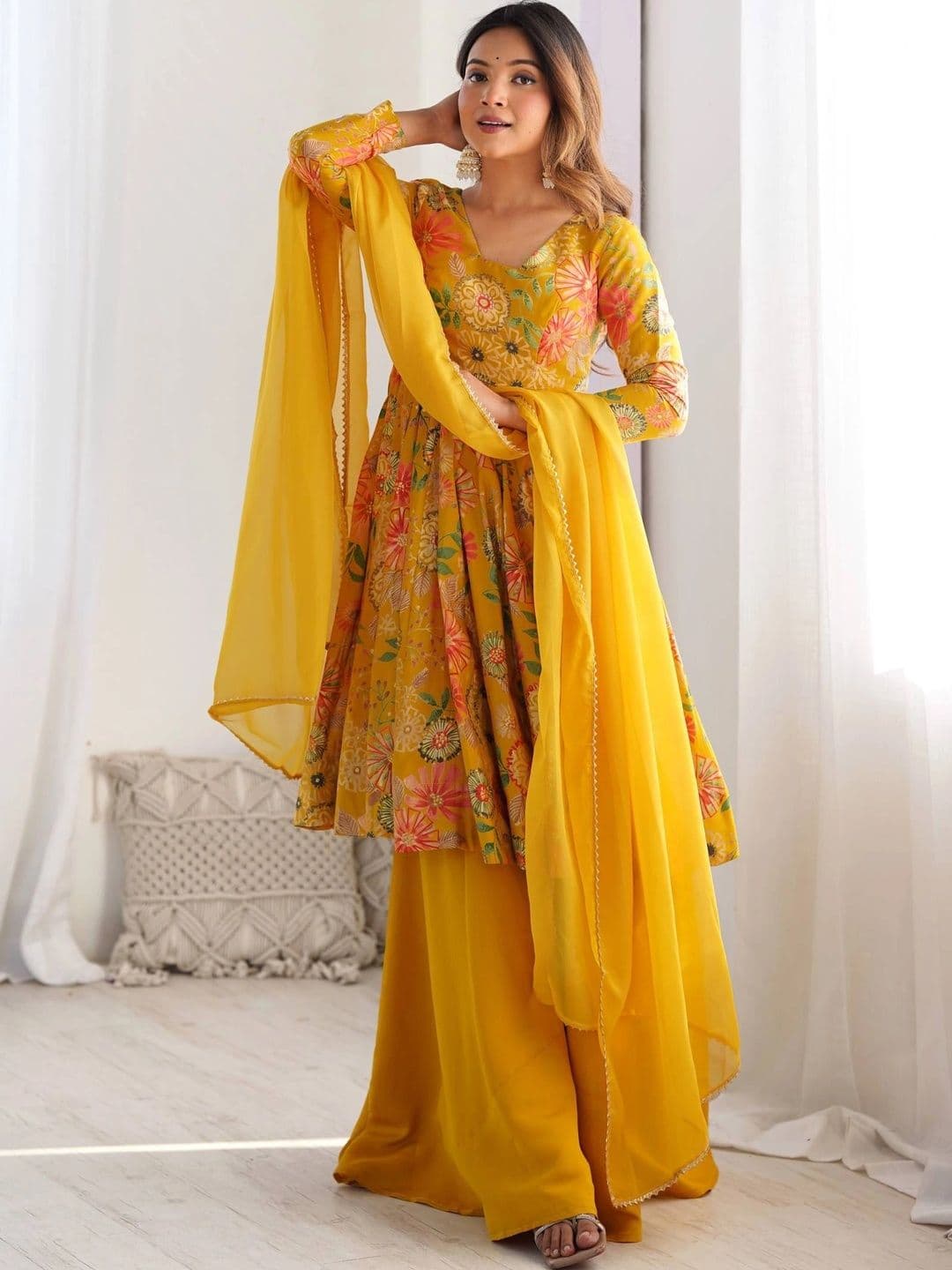 VASTRABELLA Women Floral Printed Empire Chanderi Silk Kurta with Sharara & With Dupatta - view 1