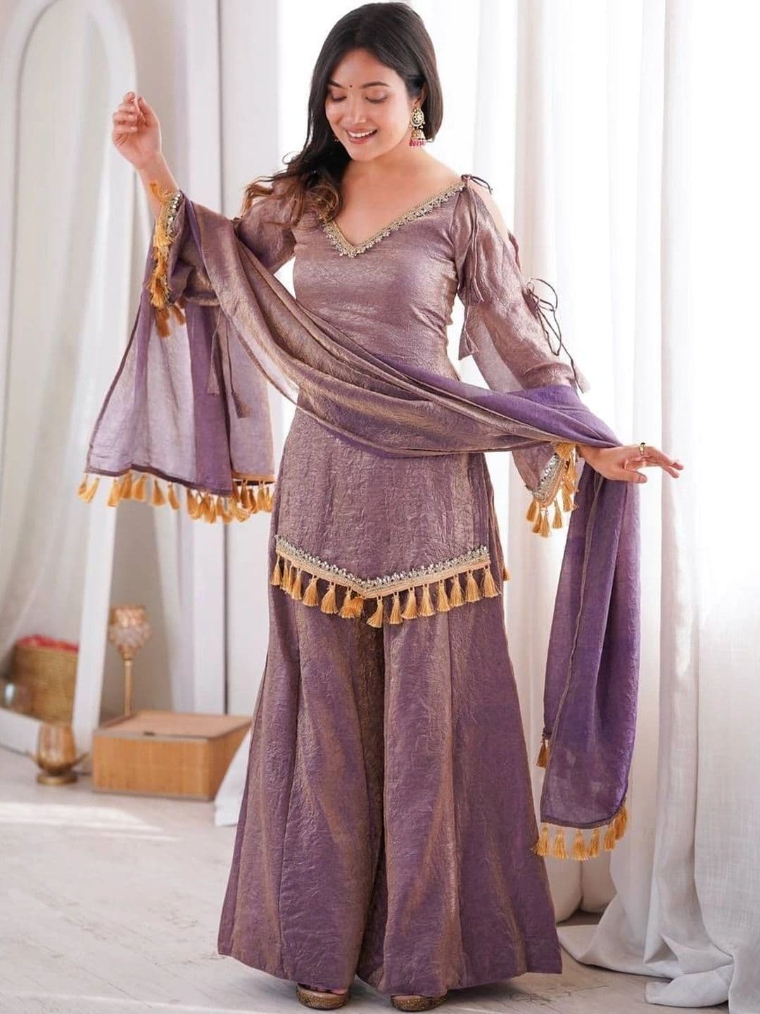 VASTRABELLA Women Ethnic Motifs Angrakha Gotta Patti Pure Silk Kurta with Sharara & With Dupatta - view 1
