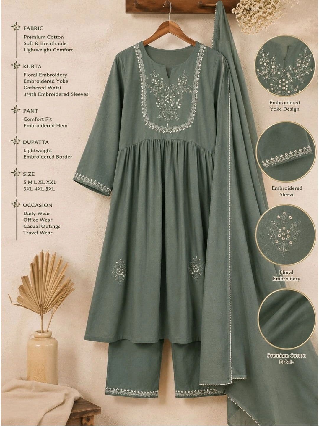 HERE&NOW Women Ethnic Motifs Embroidered Empire Thread Work Pure Cotton Kurta with Trousers & With Dupatta thumbnail 5