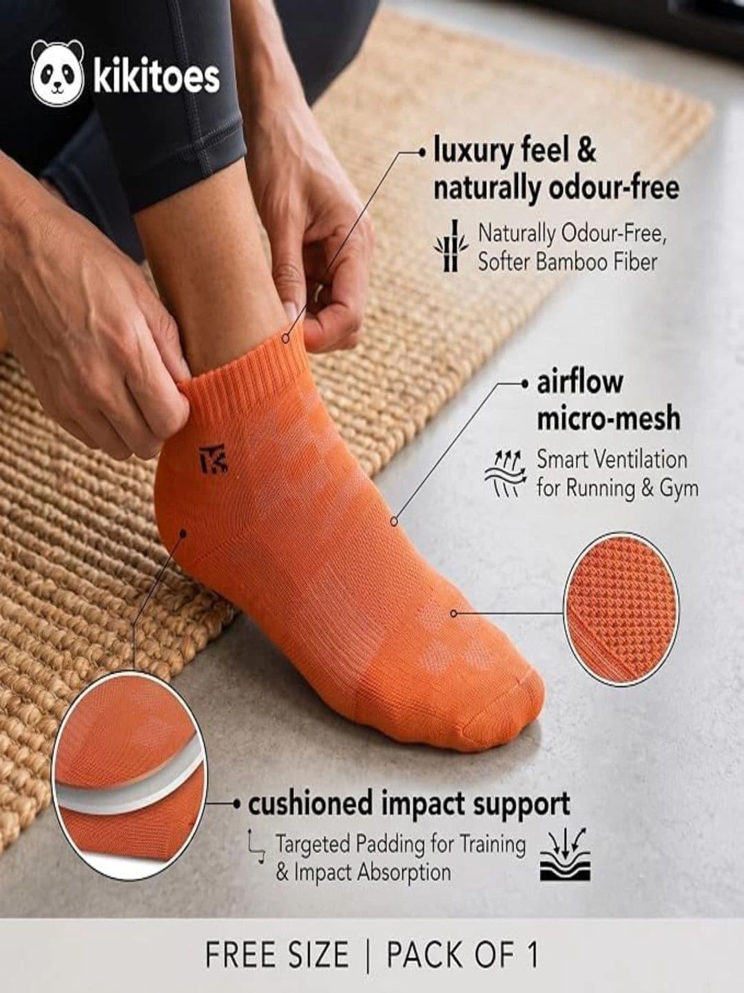 Kikitoes Men Pack of 3 Orange Bamboo Ankle Socks thumbnail 3