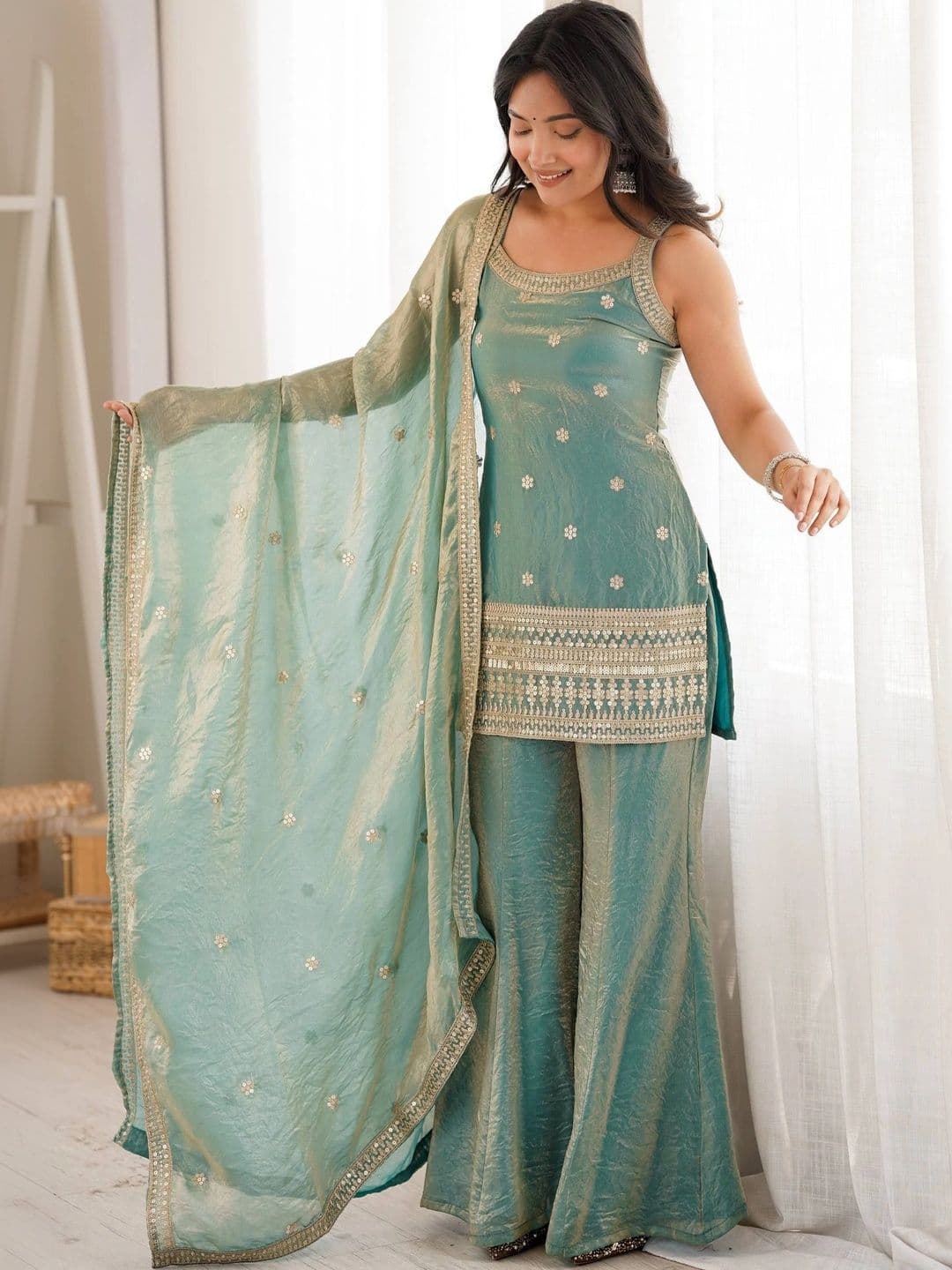 VASTRABELLA Women Ethnic Motifs Embroidered Regular Kurta with Sharara & With Dupatta - view 1