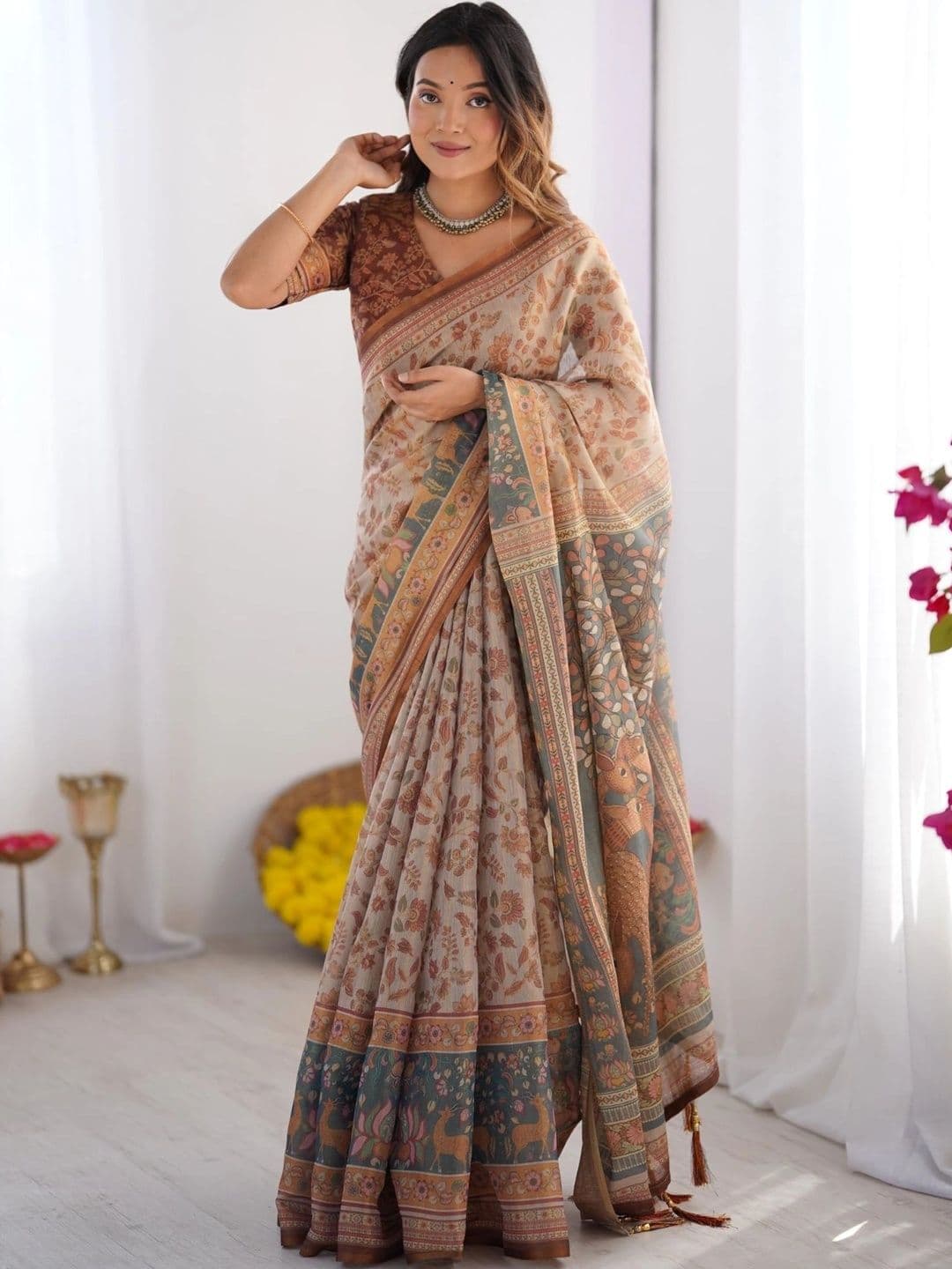 HOUSE OF PRANSHI Kalamkari Linen Blend Jamdani Saree thumbnail 4